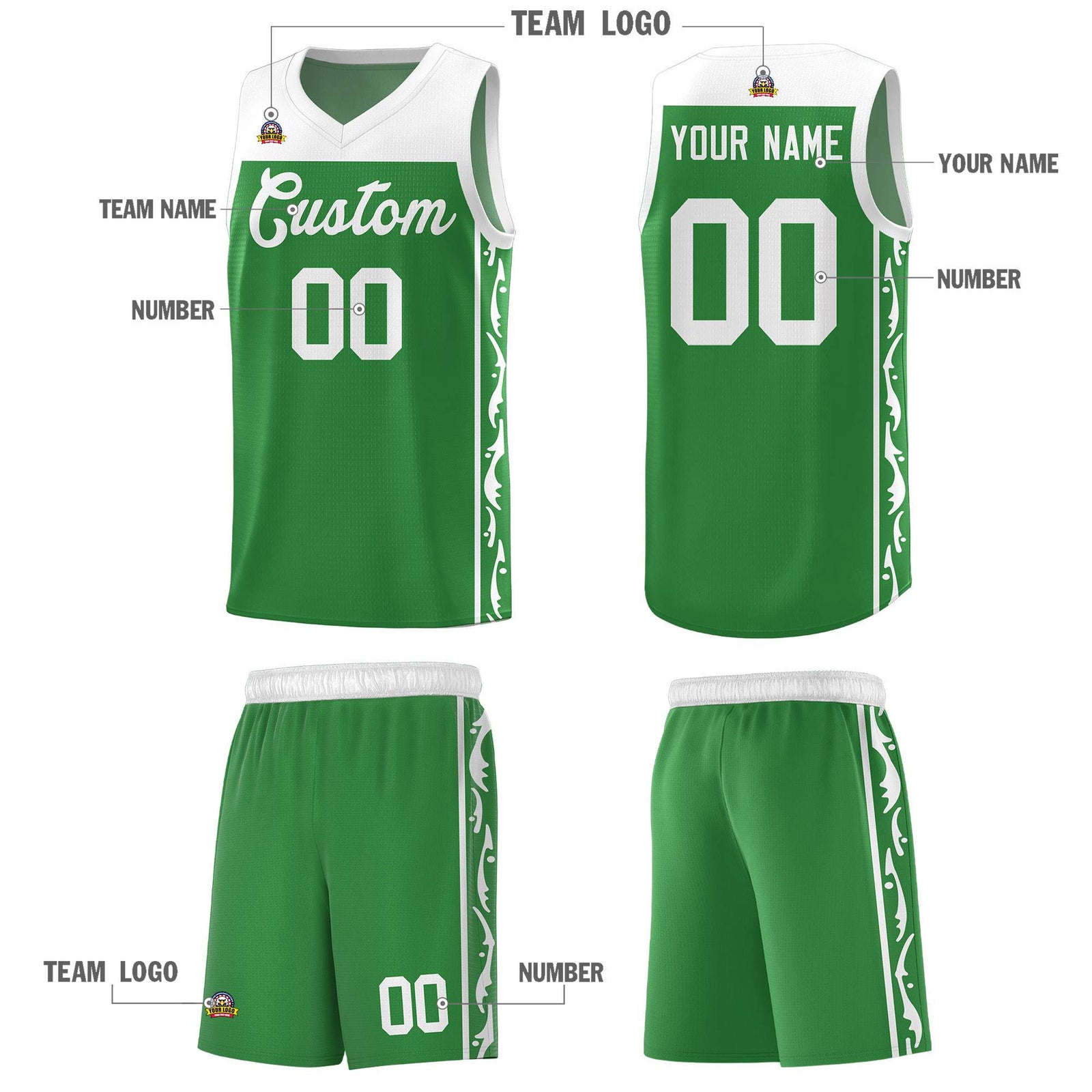 Custom Kelly Green Side Pattern Sports Uniform Basketball Jersey