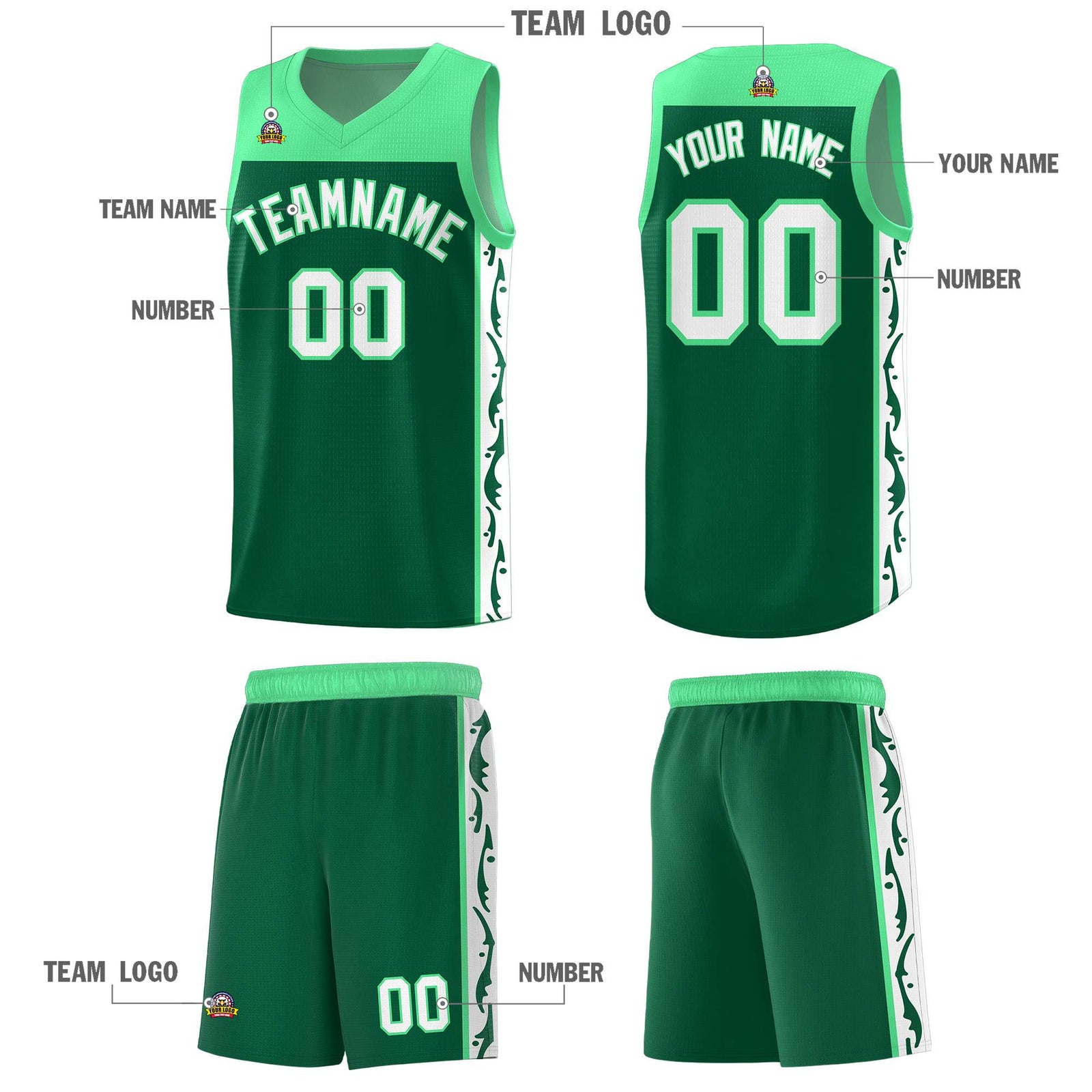 Custom Kelly Green Side Pattern Sports Uniform Basketball Jersey