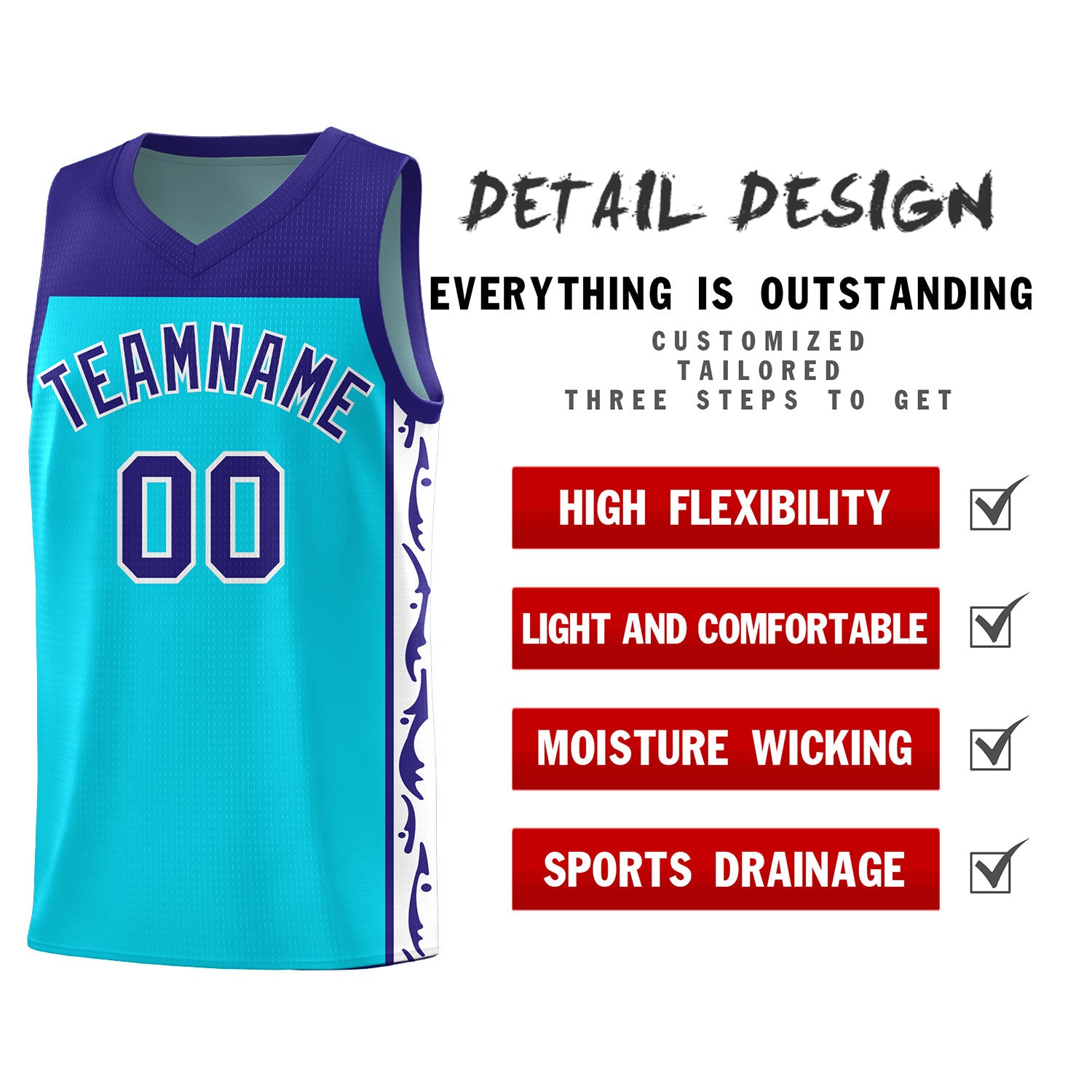 Custom Sky Blue Side Pattern Sports Uniform Basketball Jersey