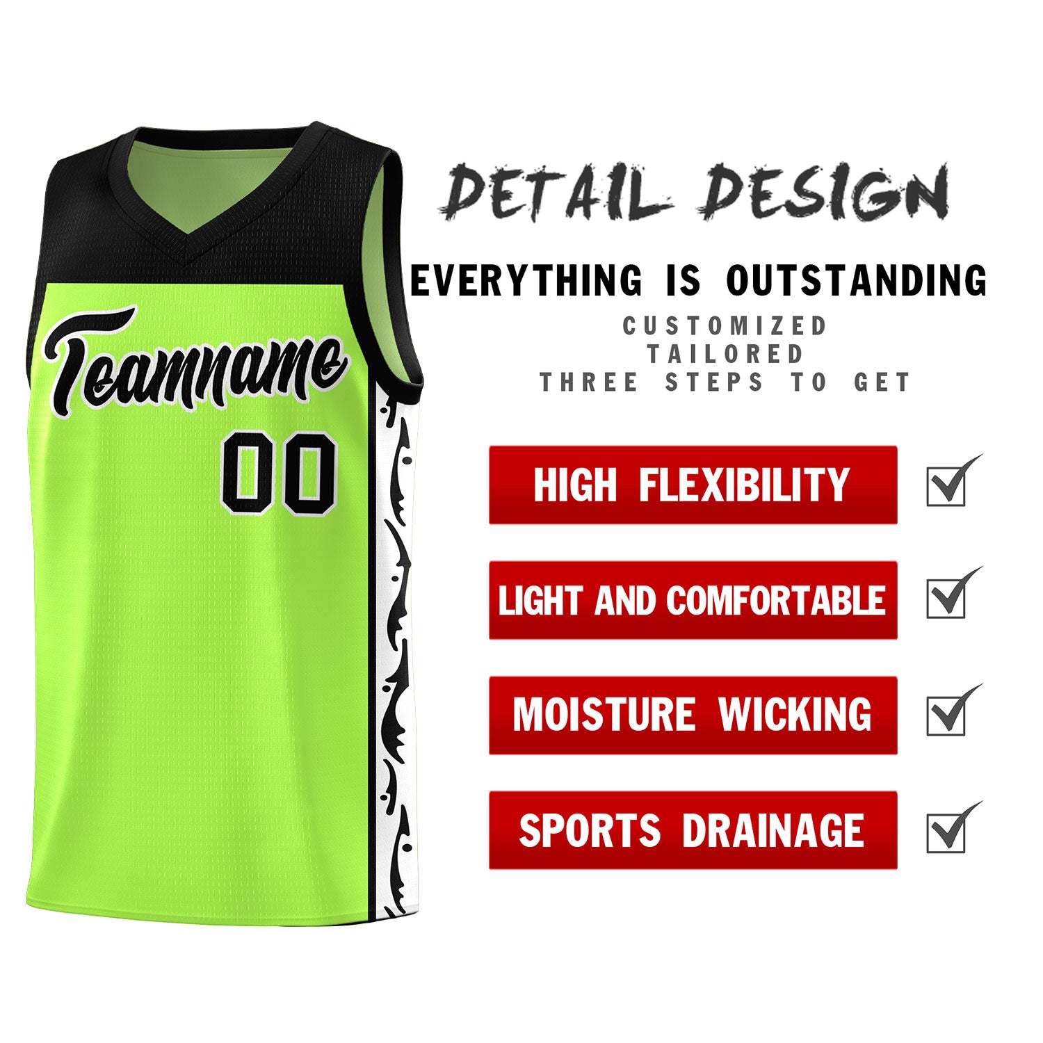 Custom Neon Green Side Pattern Sports Uniform Basketball Jersey