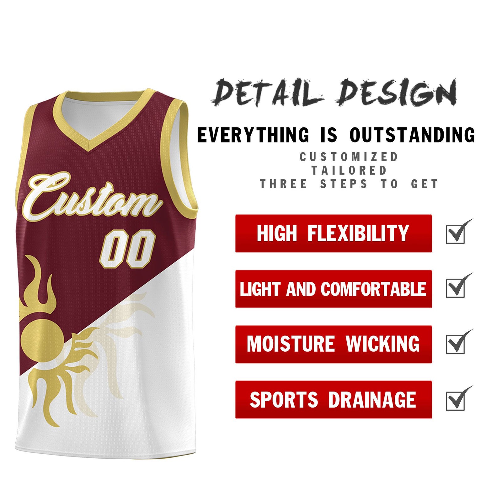 Custom Youth Basketball Jerseys - Burgundy White Sunburst Design Two Tone Uniforms