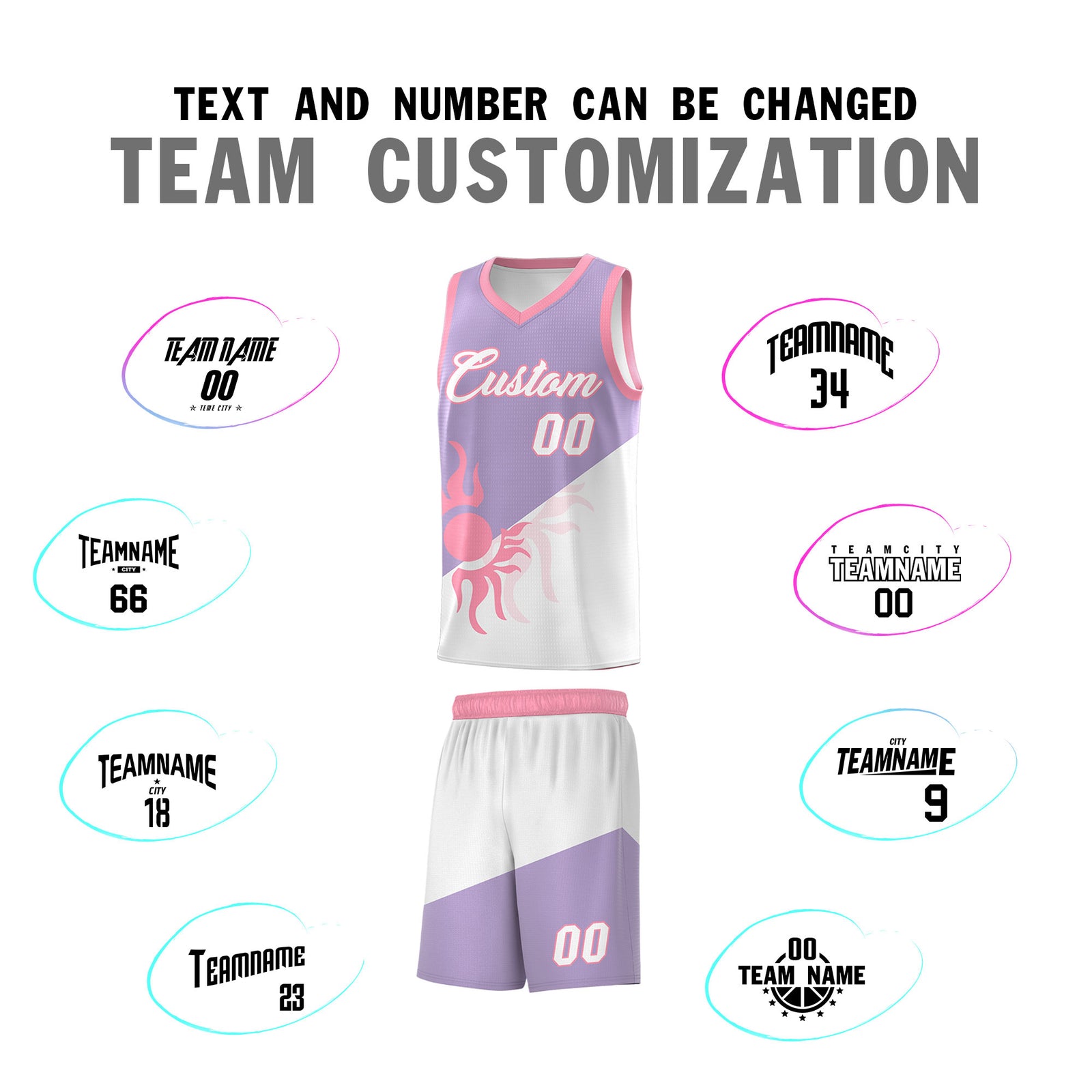 Custom Youth Basketball Jerseys - Light Purple White Radiant Sun Design Two Tone Uniforms