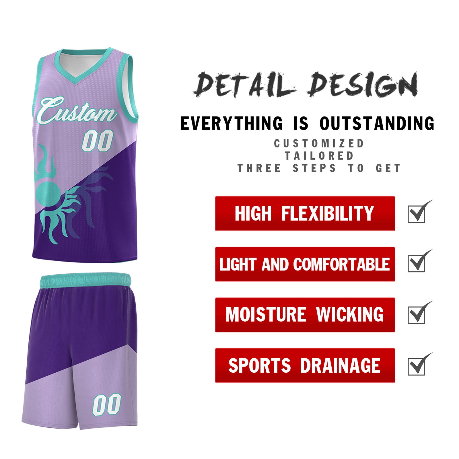 Custom Youth Basketball Jerseys - Light Purple Purple Sunburst Design Two Tone Uniforms
