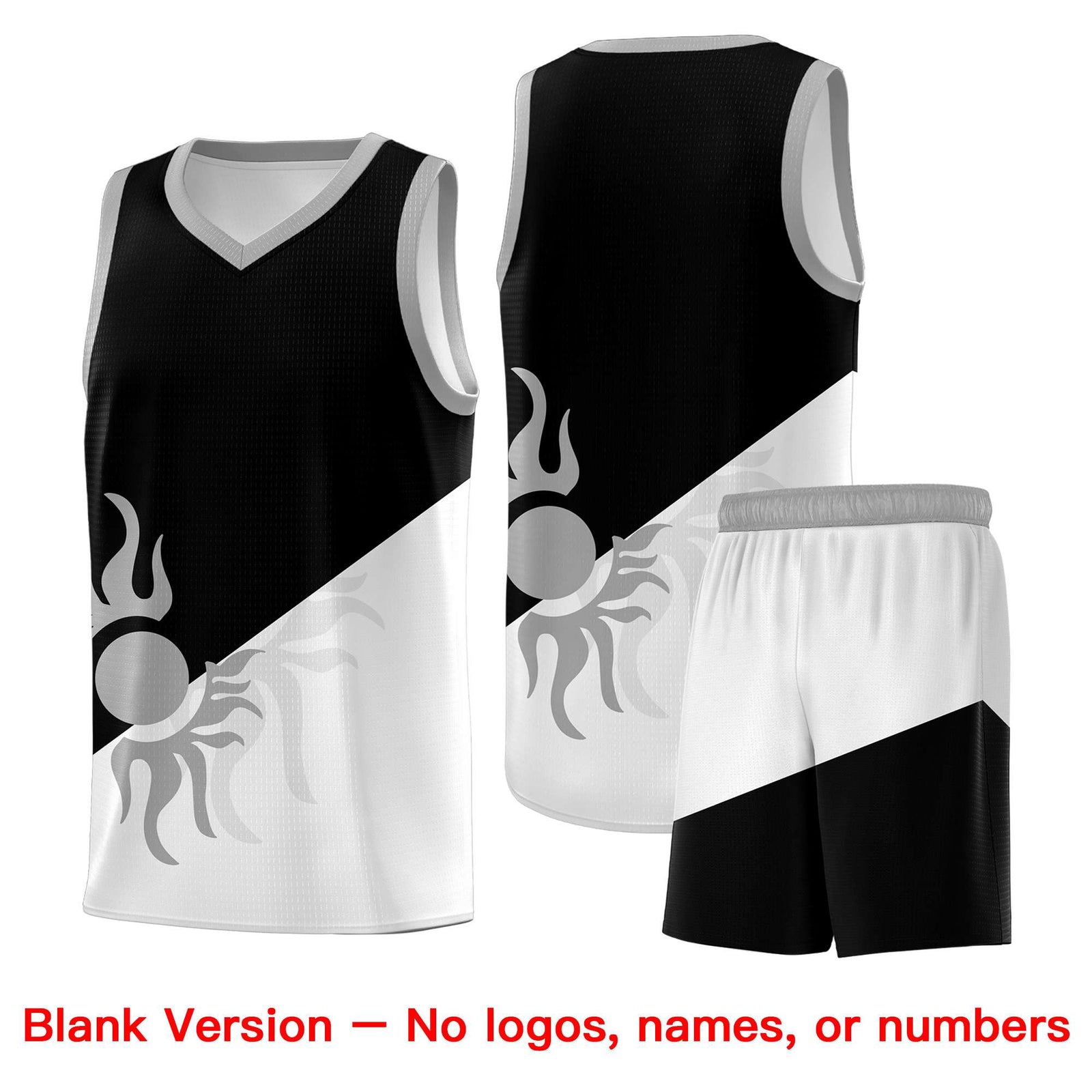 Custom Youth Basketball Jerseys - Black White Radiant Sun Design Two Tone Uniforms