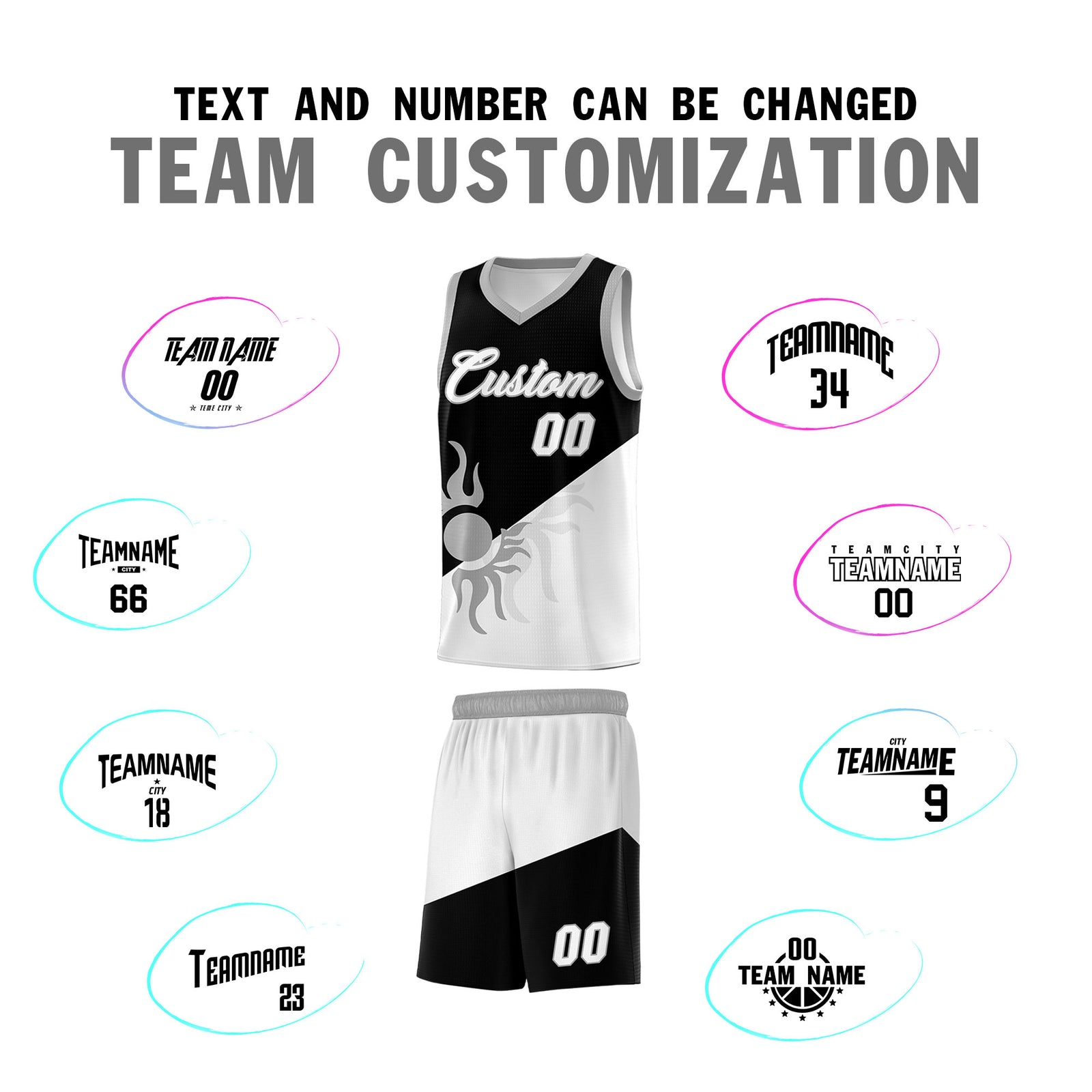 Custom Youth Basketball Jerseys - Black White Radiant Sun Design Two Tone Uniforms