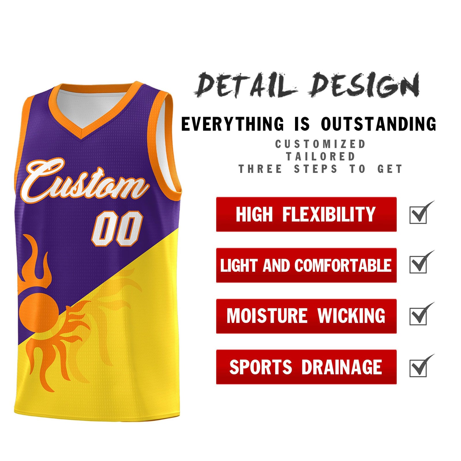 Custom Youth Basketball Jerseys - Purple Gold Radiant Sun Design Two Tone Uniforms