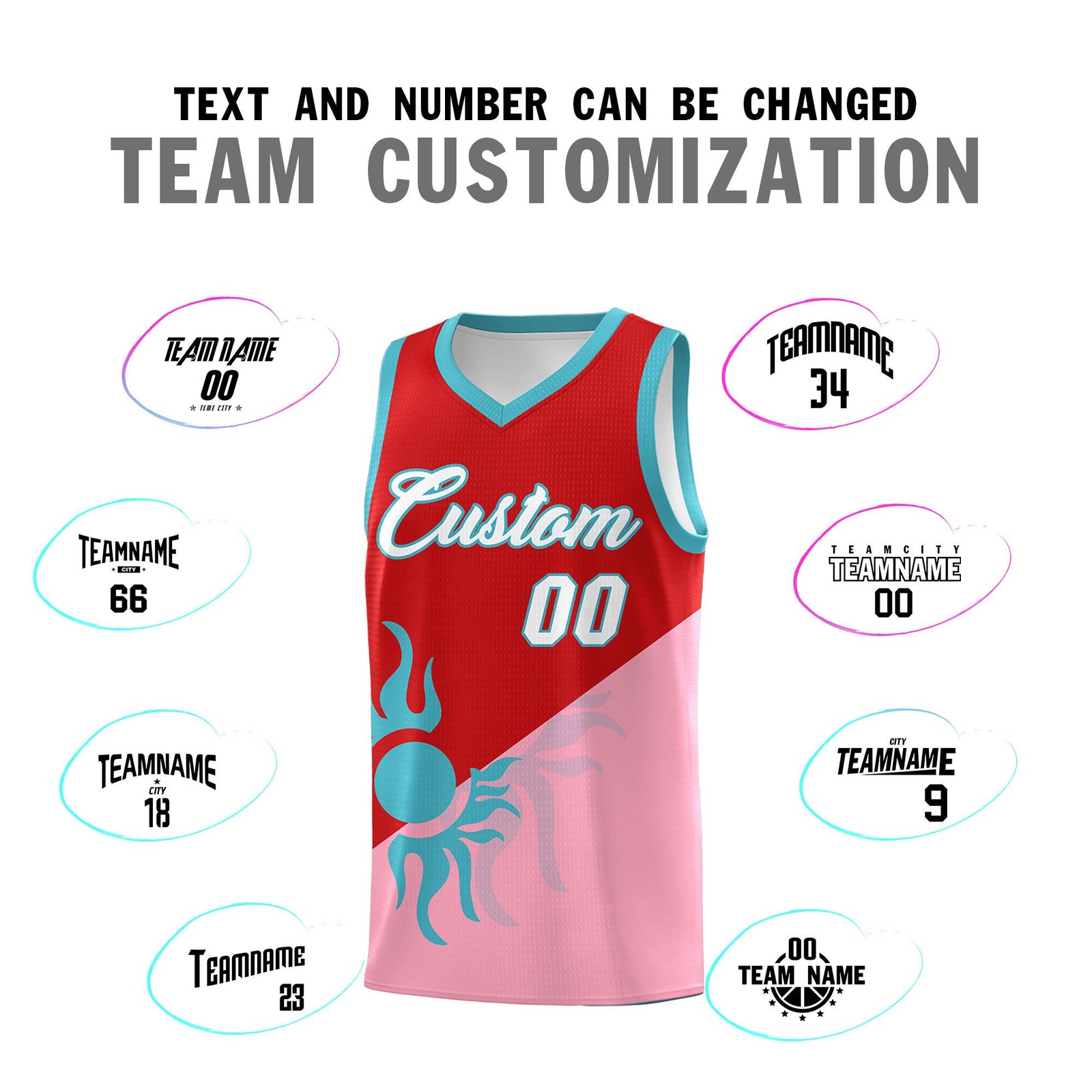 Custom Youth Basketball Jerseys - Red Light Pink Sunburst Design Two Tone Uniforms