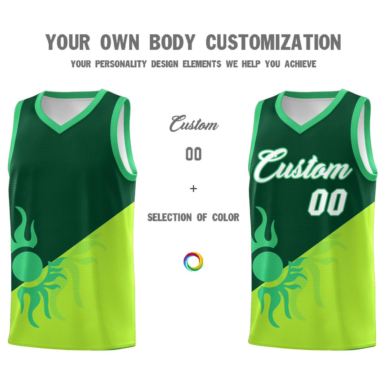 Custom Youth Basketball Jerseys - Kelly Green Neon Green Radiant Sun Design Two Tone Uniforms