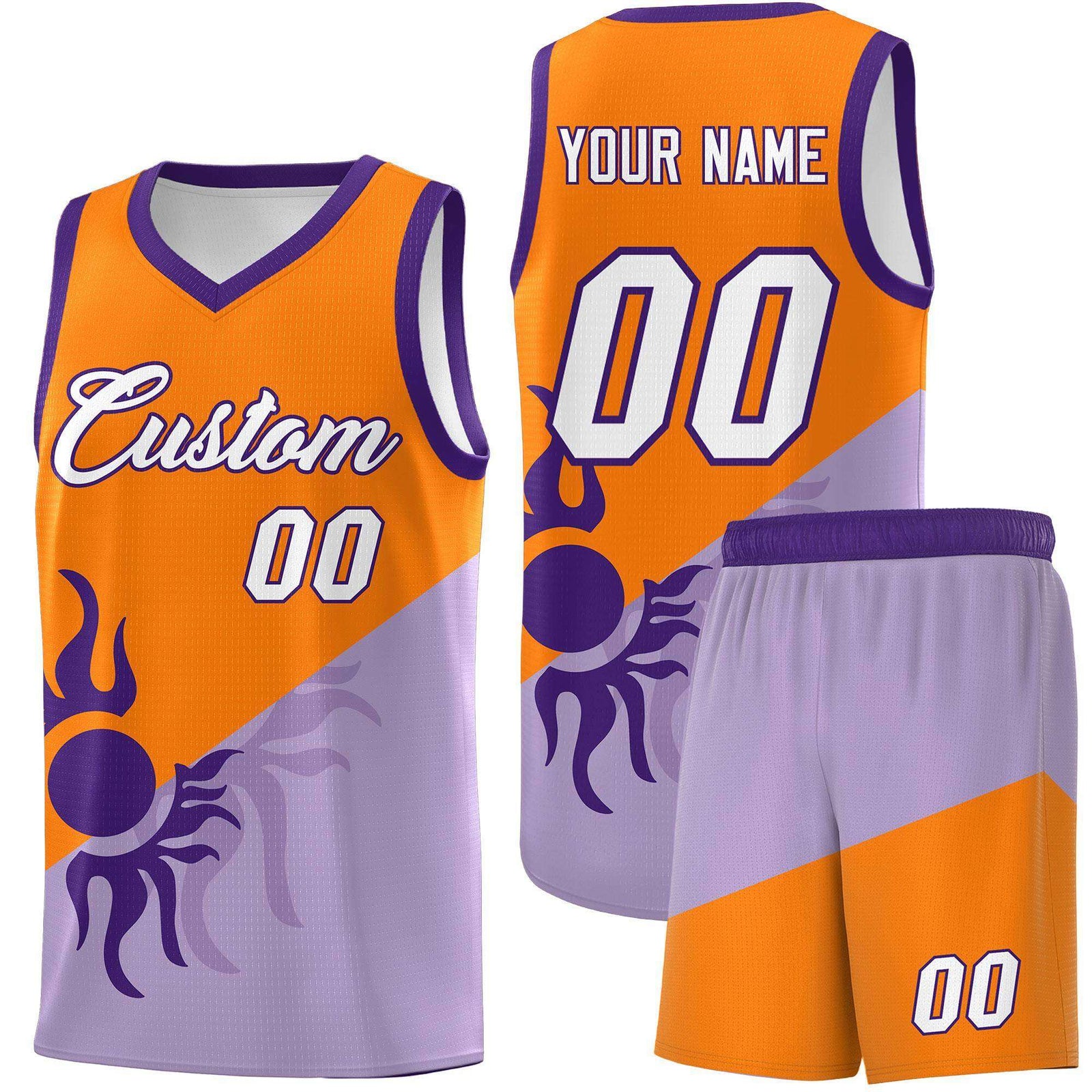 Custom Youth Basketball Jerseys - Light Purple Orange Radiant Sun Design Two Tone Uniforms