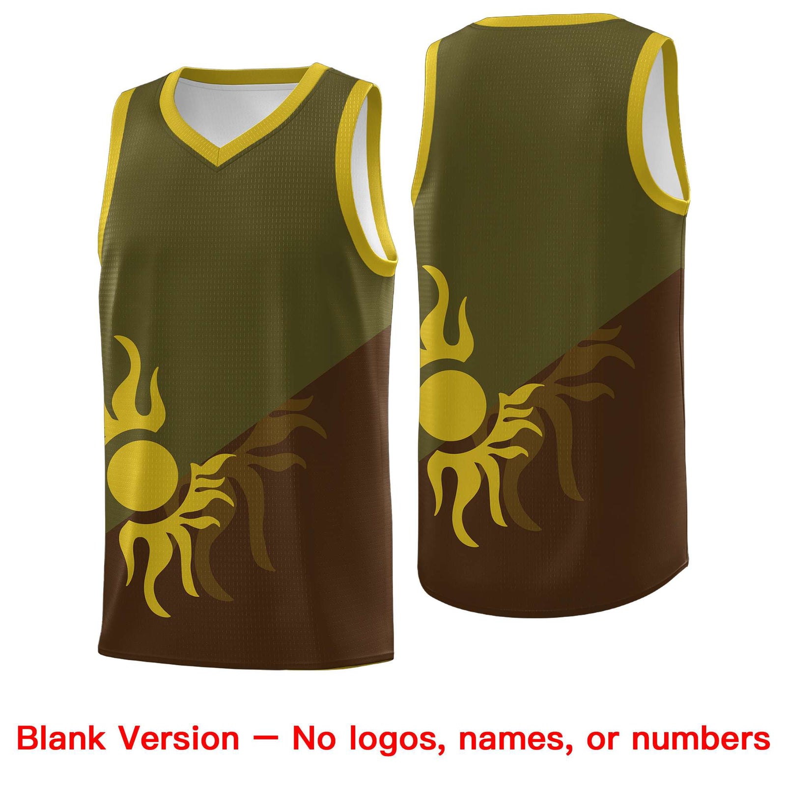 Custom Youth Basketball Jerseys - Brown Olive Radiant Sun Design Two Tone Uniforms