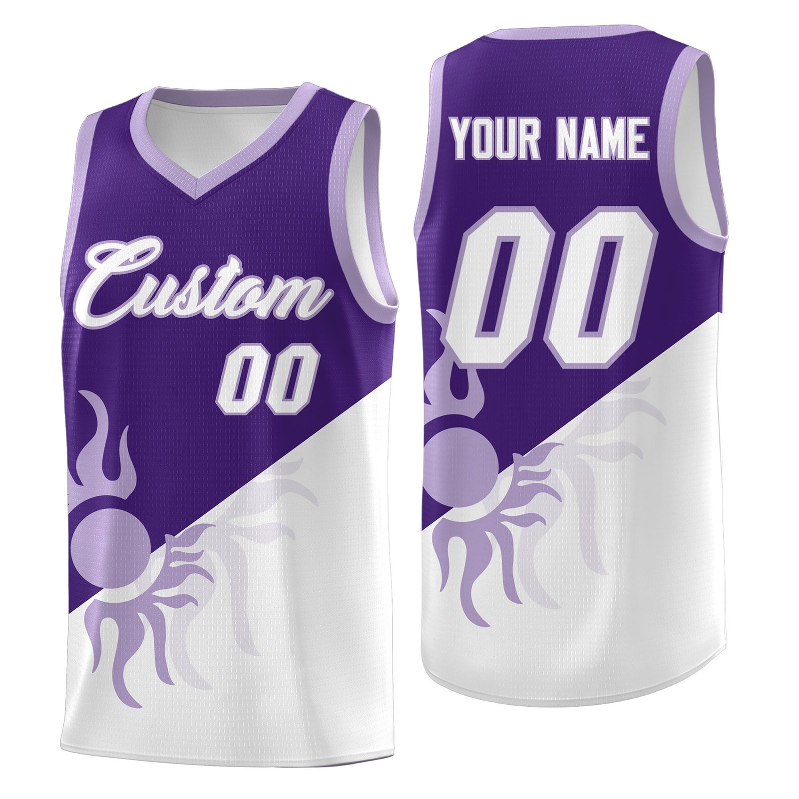 Custom Youth Basketball Jerseys - Purple White Sunburst Design Two Tone Uniforms