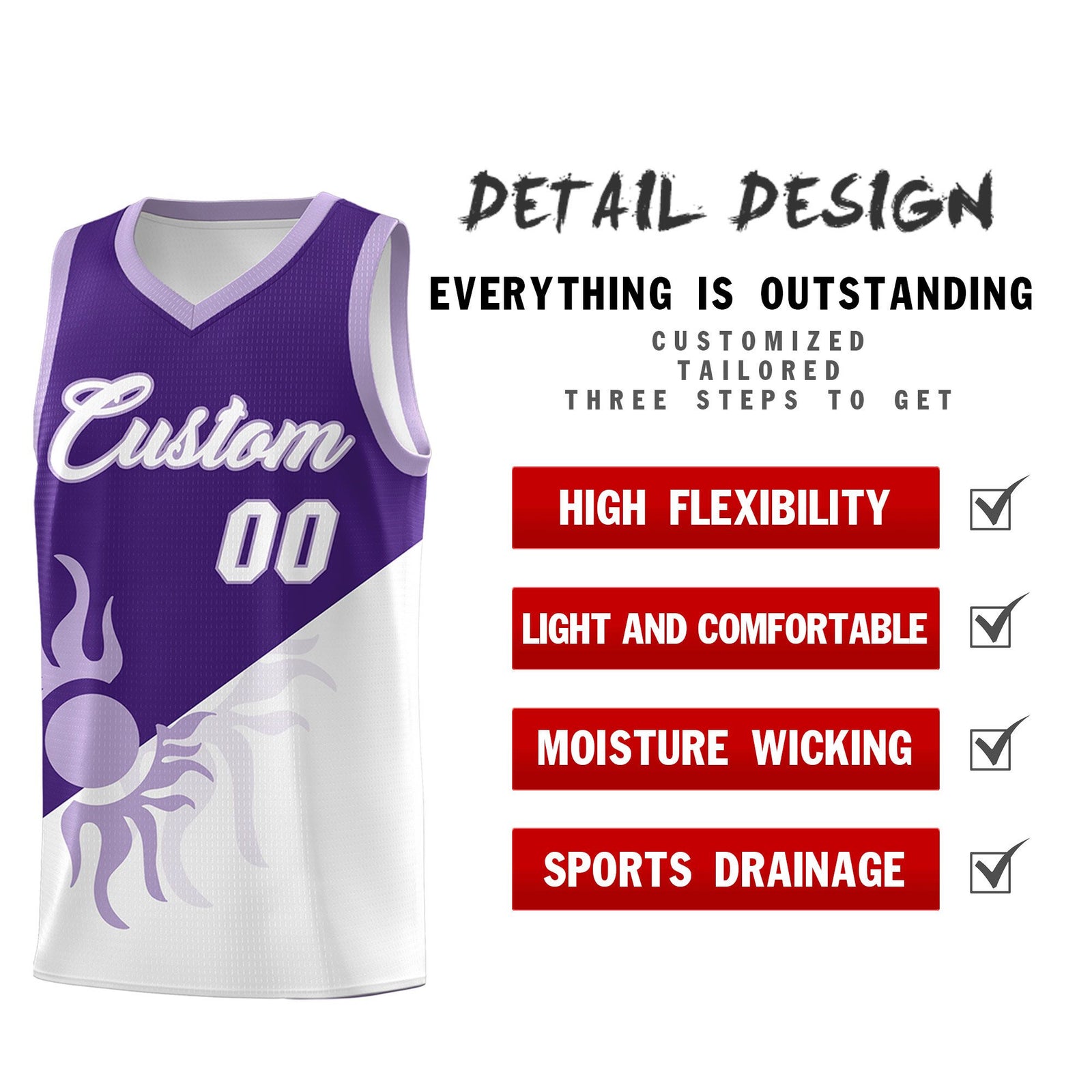 Custom Youth Basketball Jerseys - Purple White Sunburst Design Two Tone Uniforms