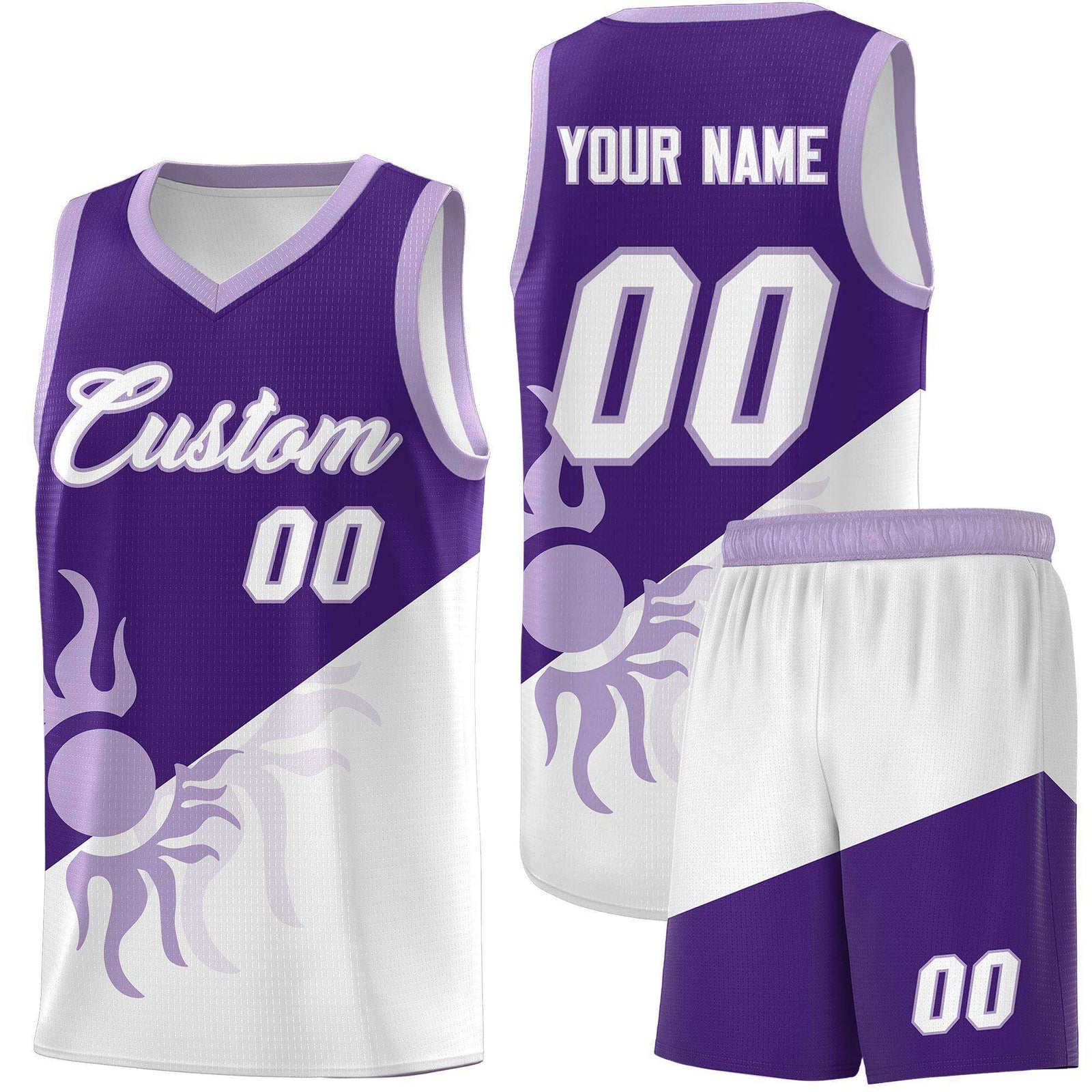 Custom Youth Basketball Jerseys - Purple White Sunburst Design Two Tone Uniforms