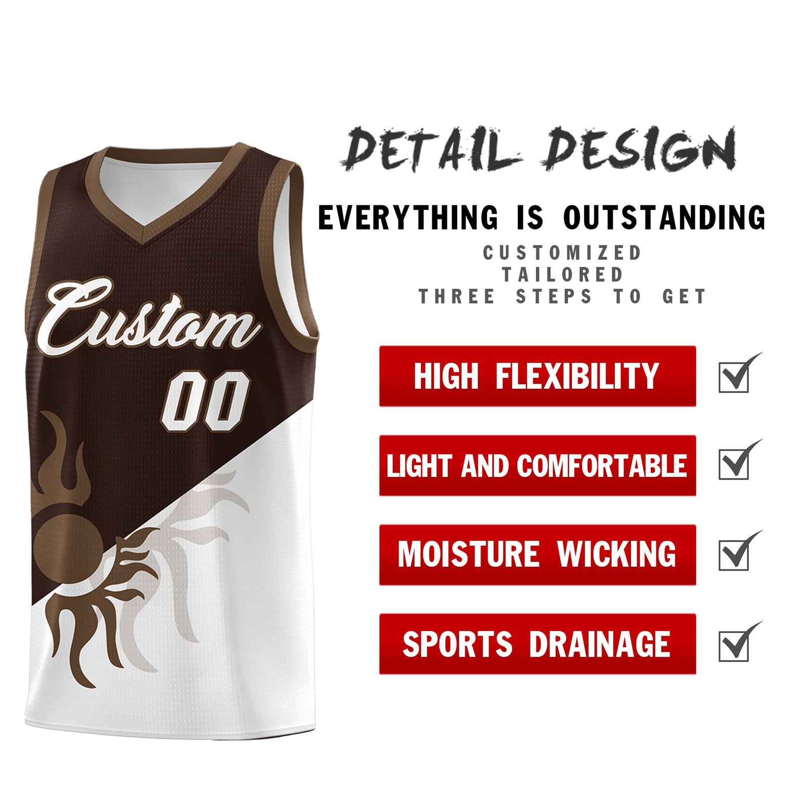 Custom Youth Basketball Jerseys - Brown White Sunburst Design Two Tone Uniforms