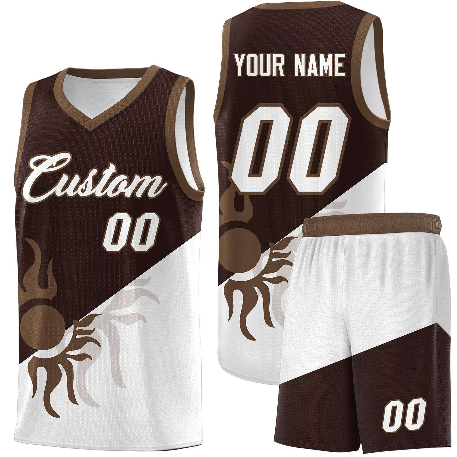 Custom Youth Basketball Jerseys - Brown White Sunburst Design Two Tone Uniforms