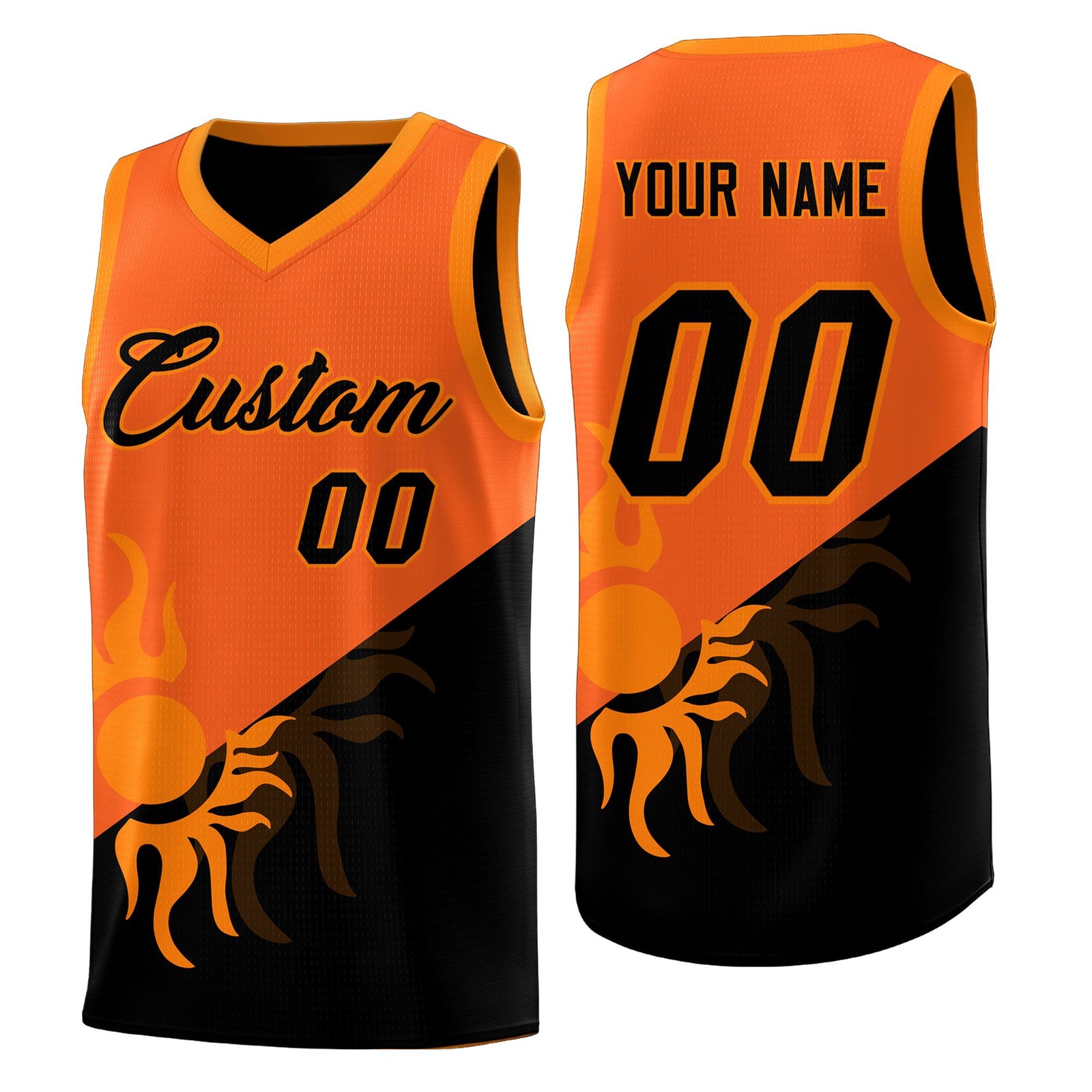 Custom Youth Basketball Jerseys - Orange Black Radiant Sun Design Two Tone Uniforms