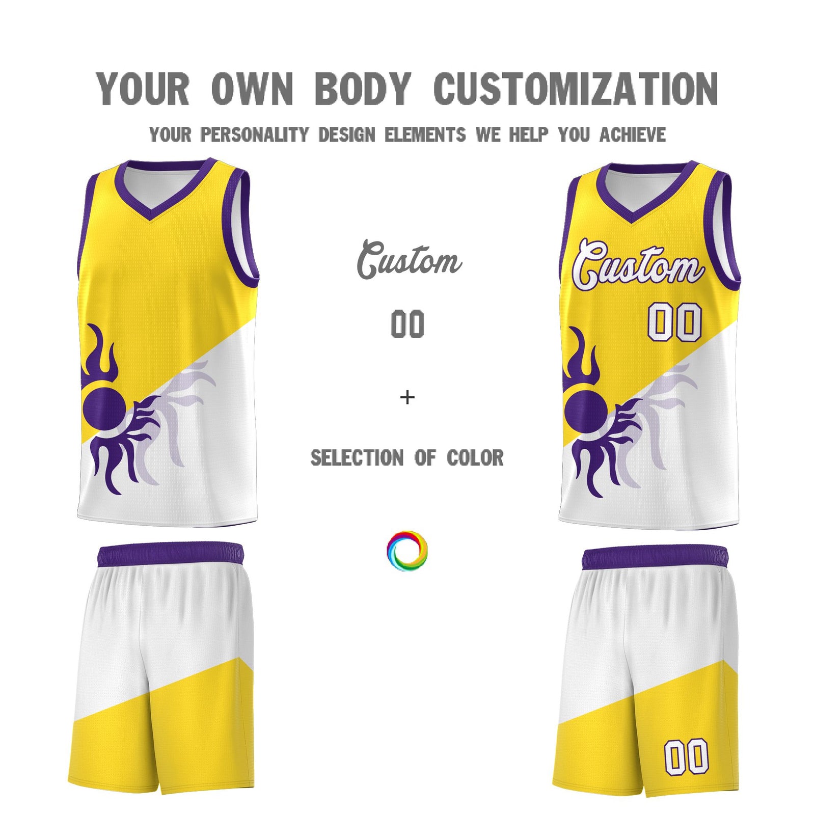 Custom Youth Basketball Jerseys - Gold White Radiant Sun Design Two Tone Uniforms