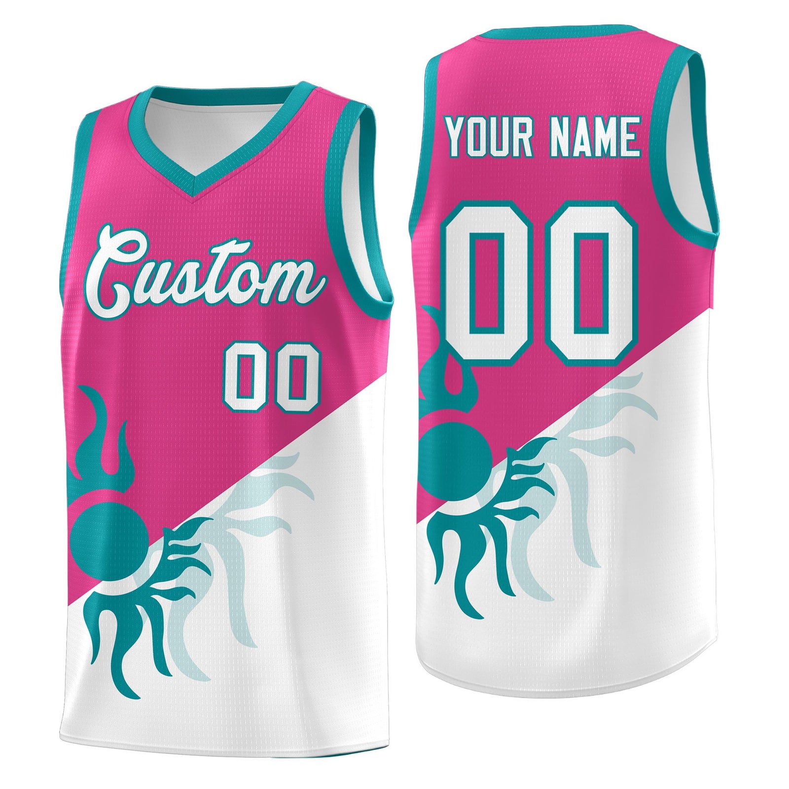 Custom Youth Basketball Jerseys - Rose Red White Radiant Sun Design Two Tone Uniforms