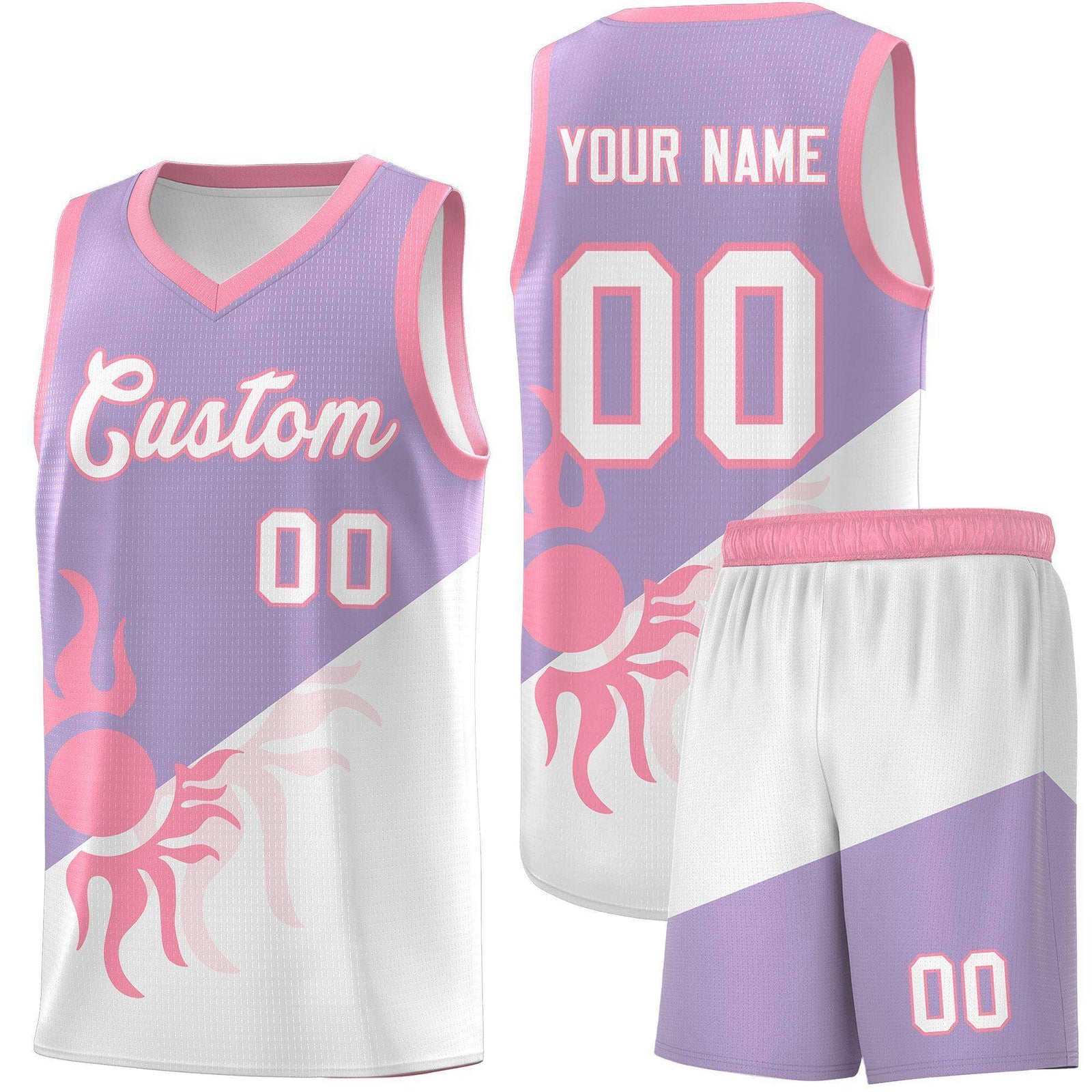 Custom Youth Basketball Jerseys - Light Purple White Radiant Sun Design Two Tone Uniforms