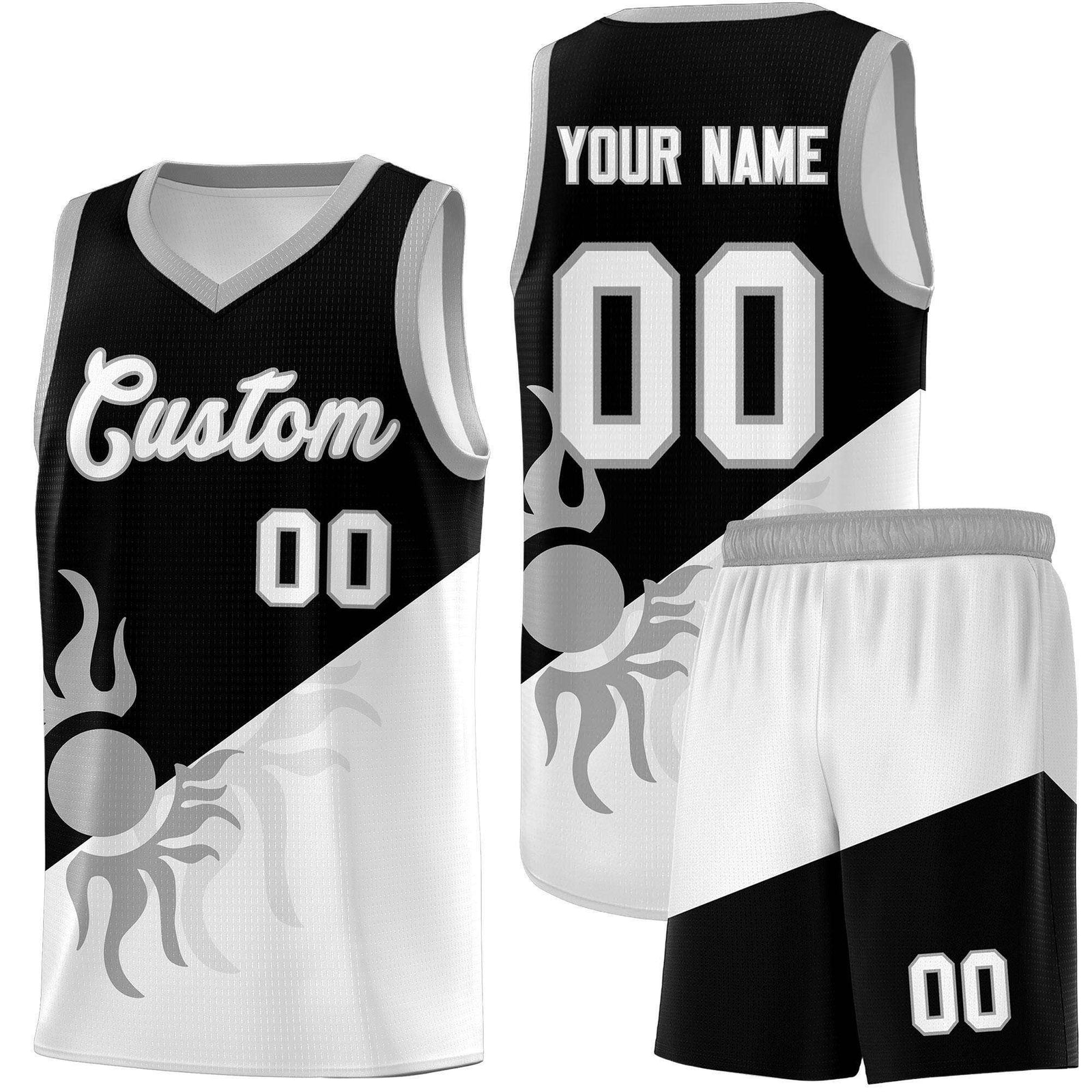 Custom Youth Basketball Jerseys - Black White Radiant Sun Design Two Tone Uniforms