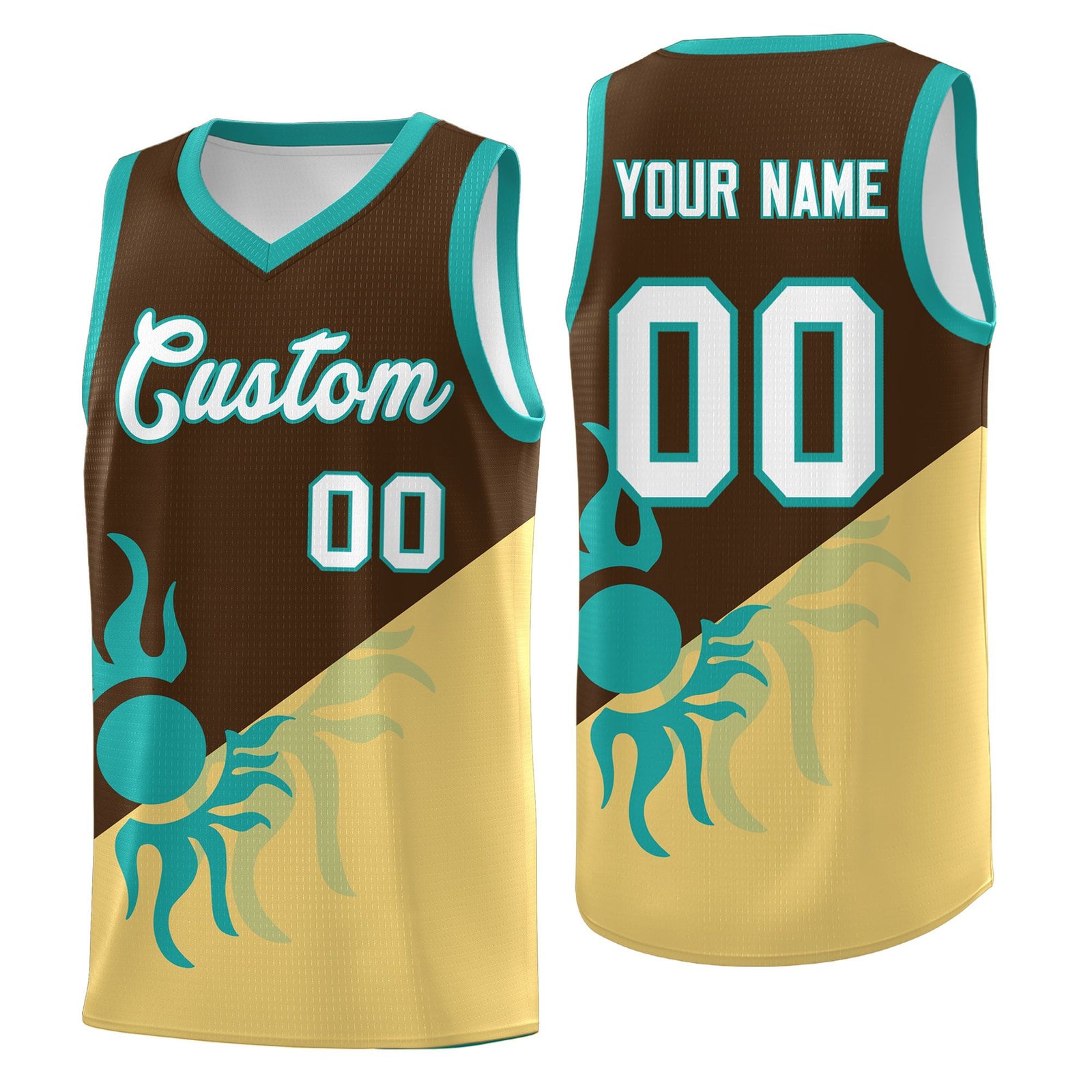 Custom Youth Basketball Jerseys - Brown Khaki Sunburst Design Two Tone Uniforms