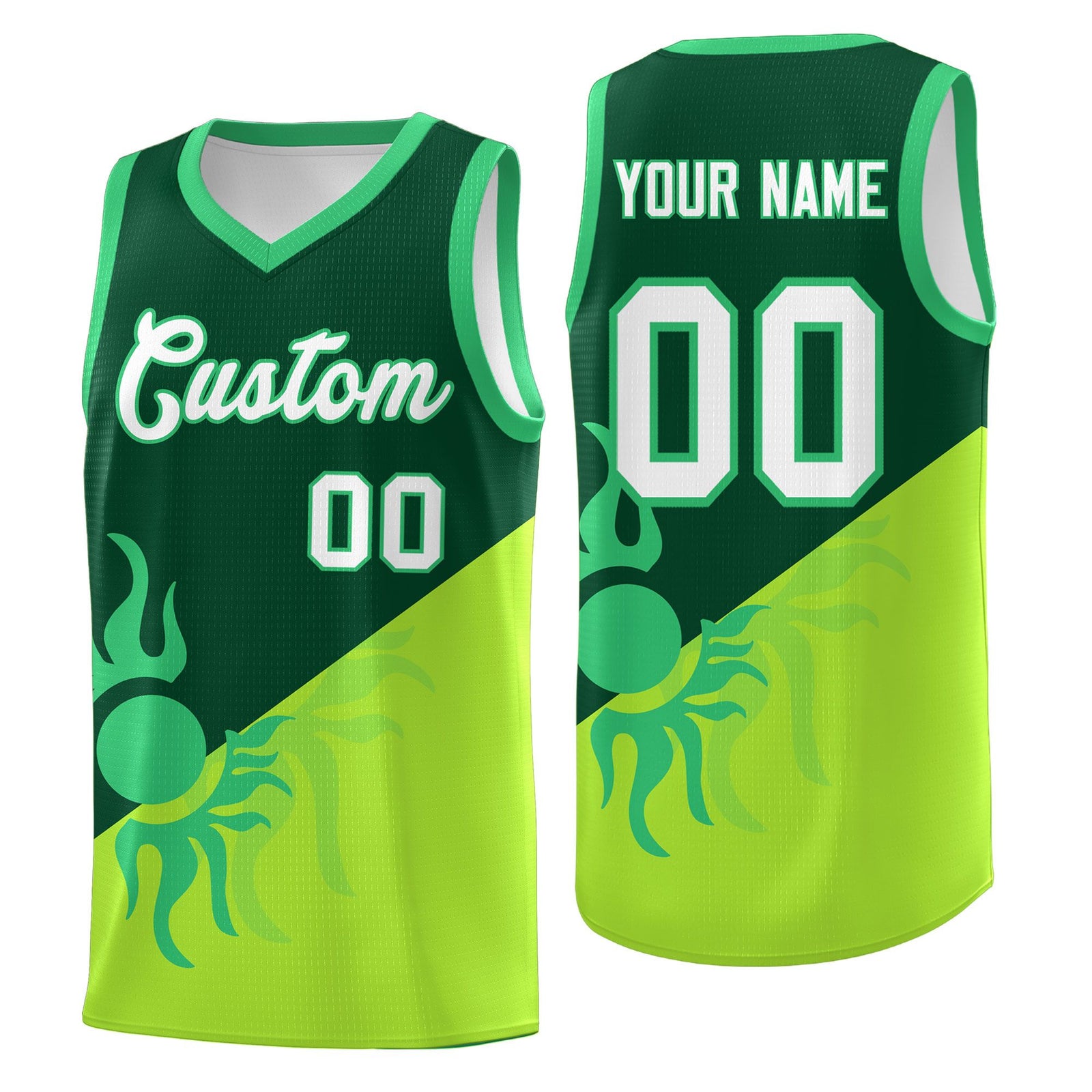 Custom Youth Basketball Jerseys - Kelly Green Neon Green Radiant Sun Design Two Tone Uniforms