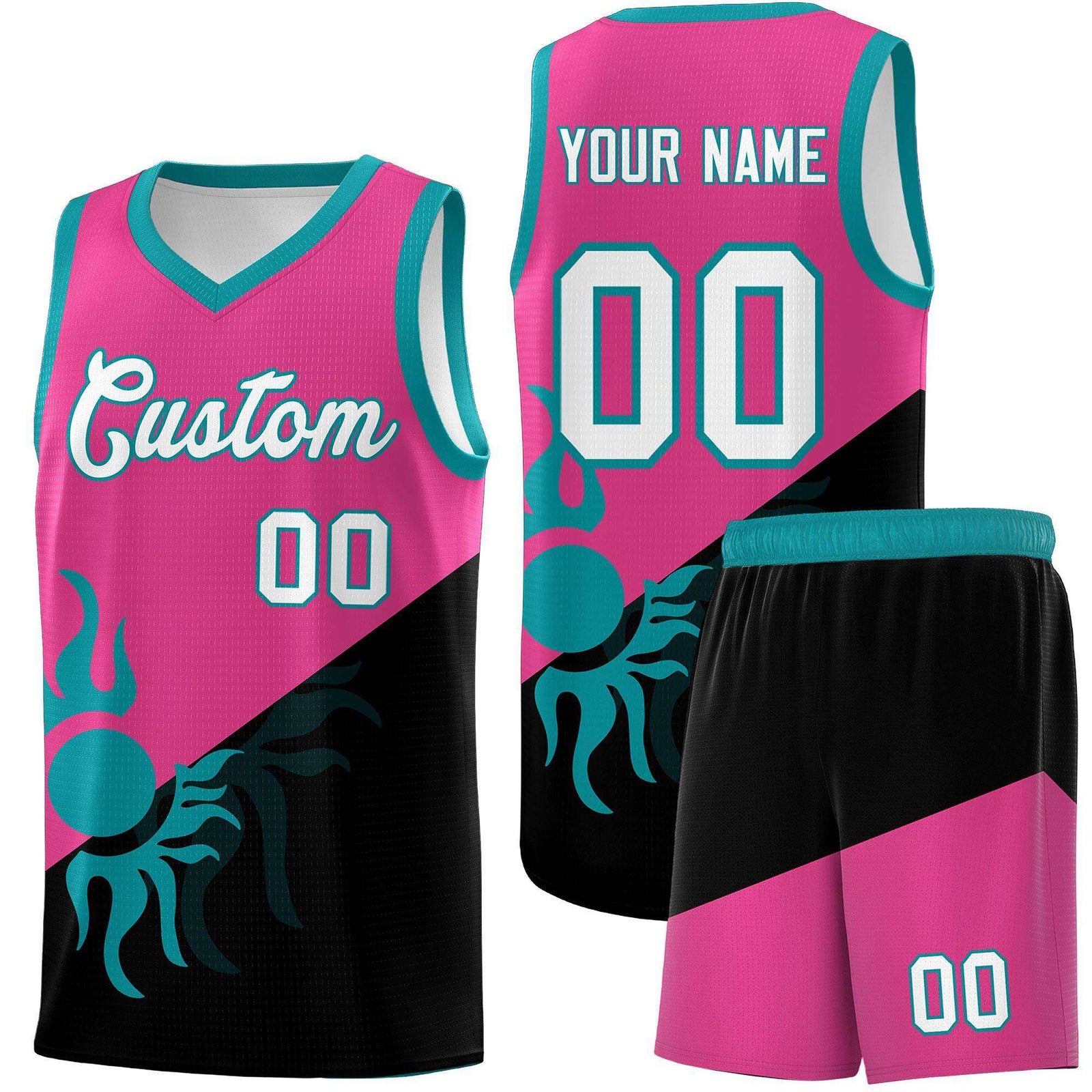 Custom Youth Basketball Jerseys - Rose Red Black Sunburst Design Two Tone Uniforms