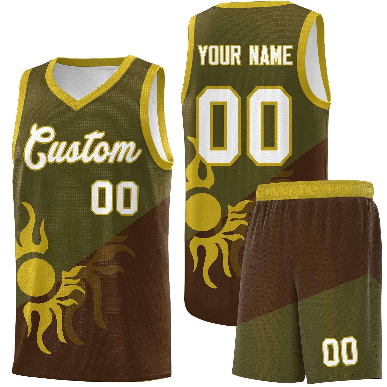 Custom Youth Basketball Jerseys - Brown Olive Radiant Sun Design Two Tone Uniforms
