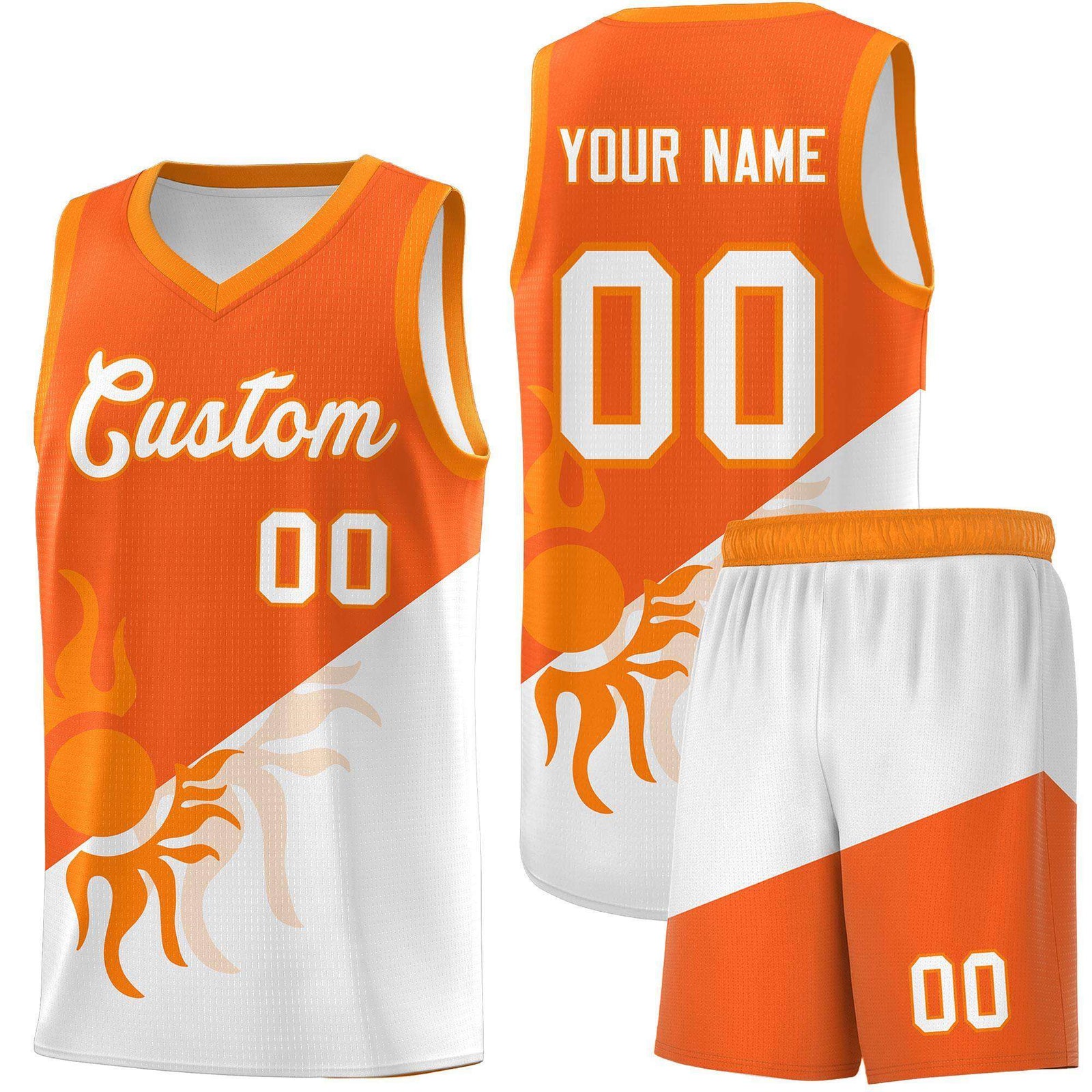 Custom Youth Basketball Jerseys - Orange White Radiant Sun Design Two Tone Uniforms