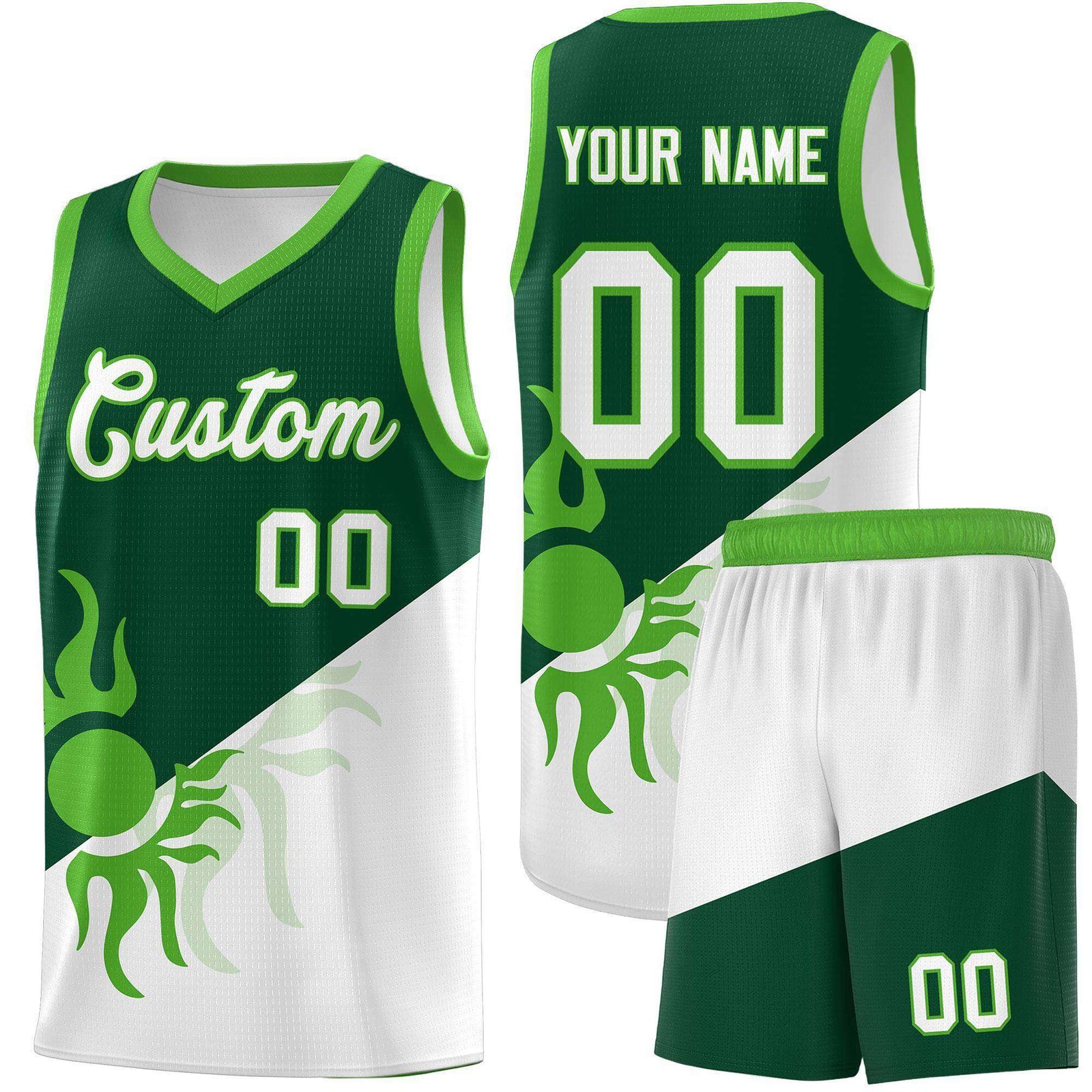 Custom Youth Basketball Jerseys - Kelly Green White Radiant Sun Design Two Tone Uniforms