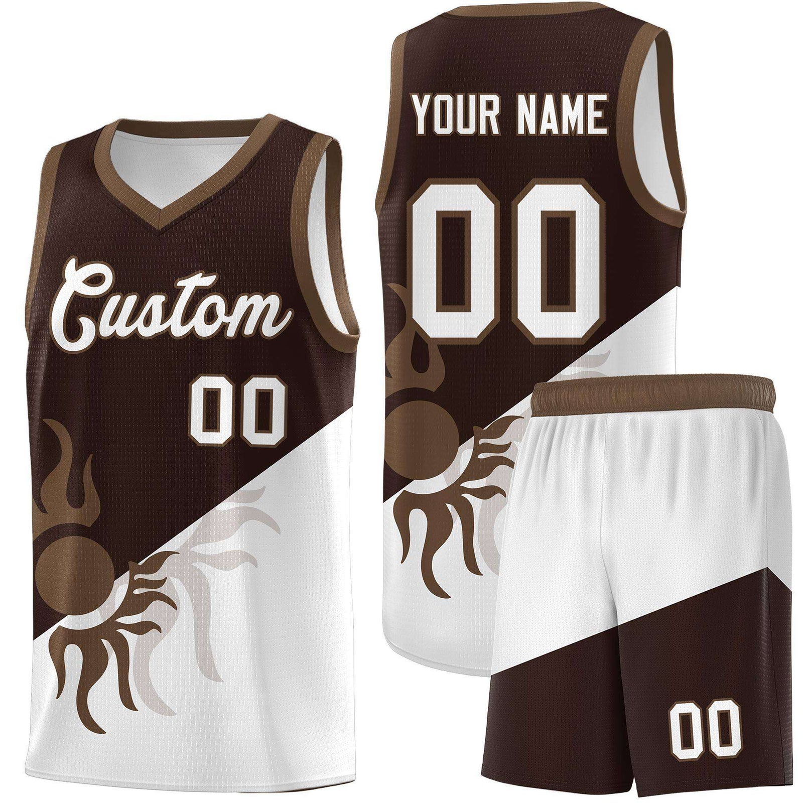 Custom Youth Basketball Jerseys - Brown White Sunburst Design Two Tone Uniforms