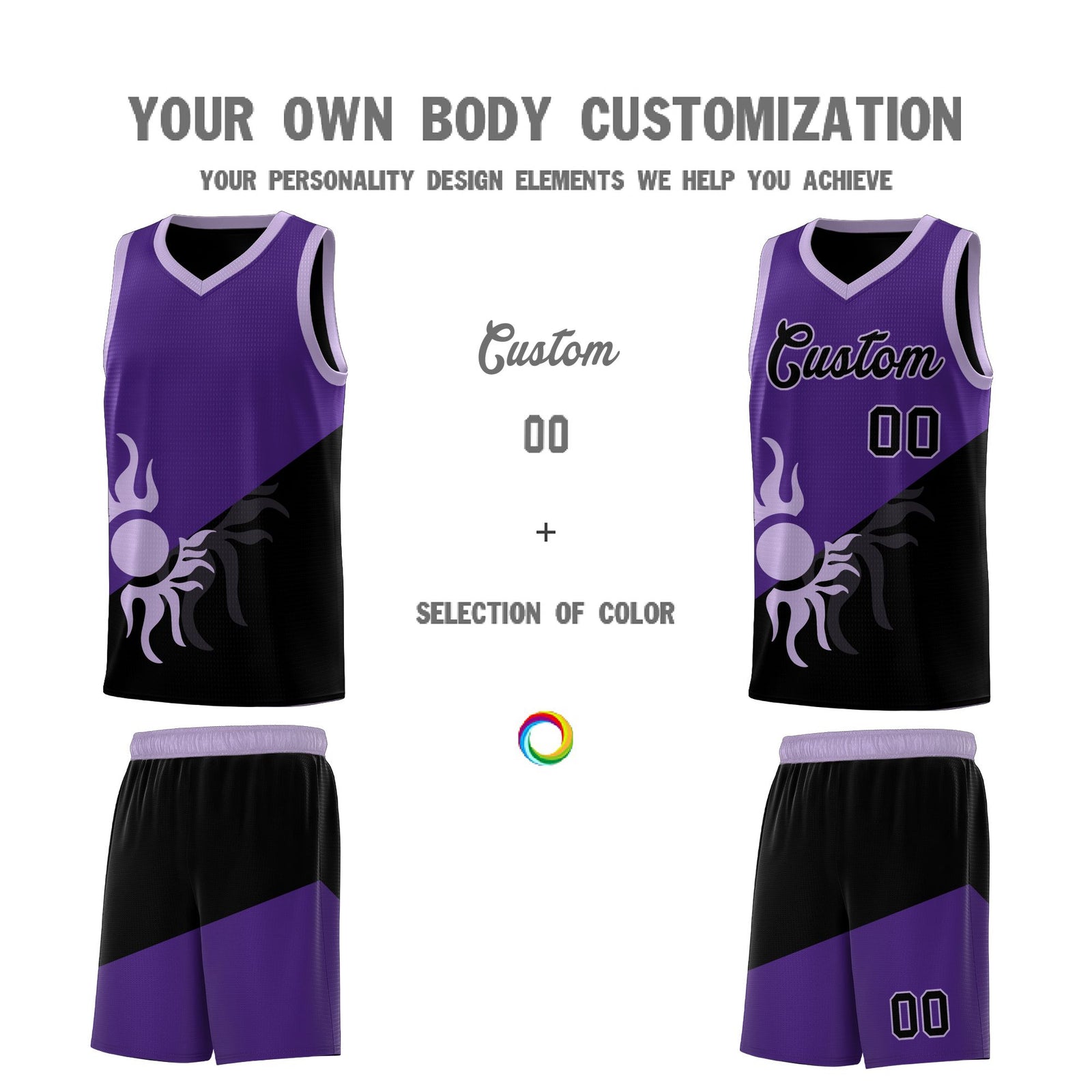 Custom Youth Basketball Jerseys - Purple Black Sunburst Design Two Tone Uniforms