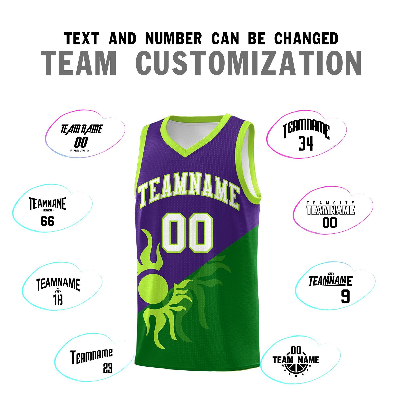 Custom Youth Basketball Jerseys - Purple Kelly Green Sunburst Design Two Tone Uniforms