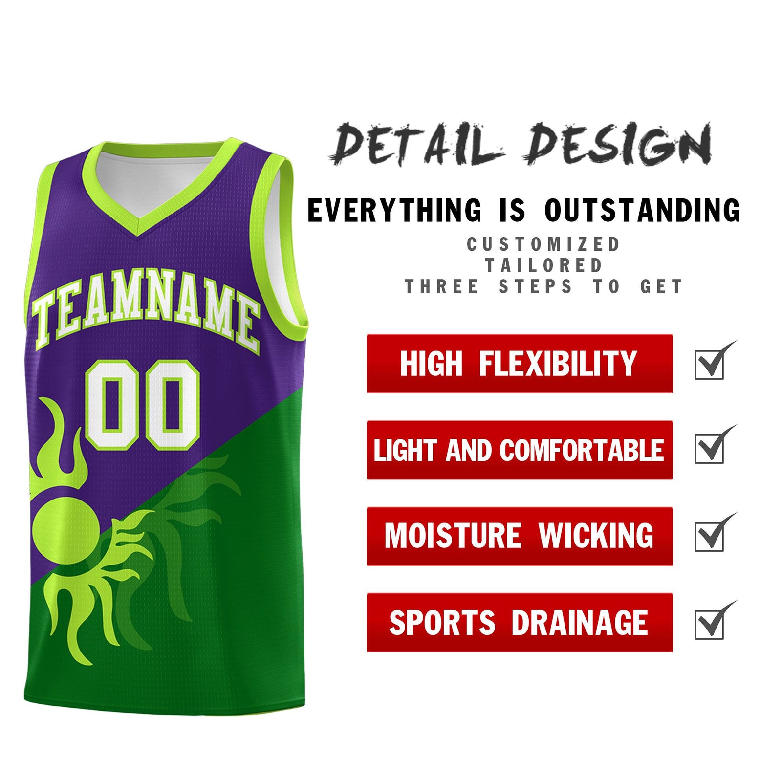 Custom Youth Basketball Jerseys - Purple Kelly Green Sunburst Design Two Tone Uniforms