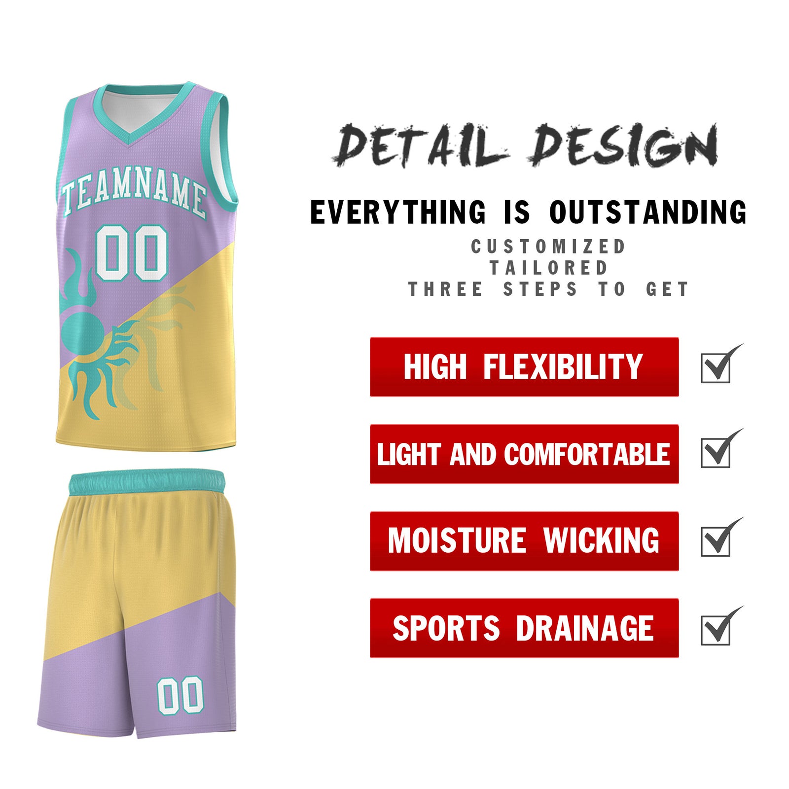 Custom Youth Basketball Jerseys - Light Purple Old Gold Radiant Sun Design Two Tone Uniforms