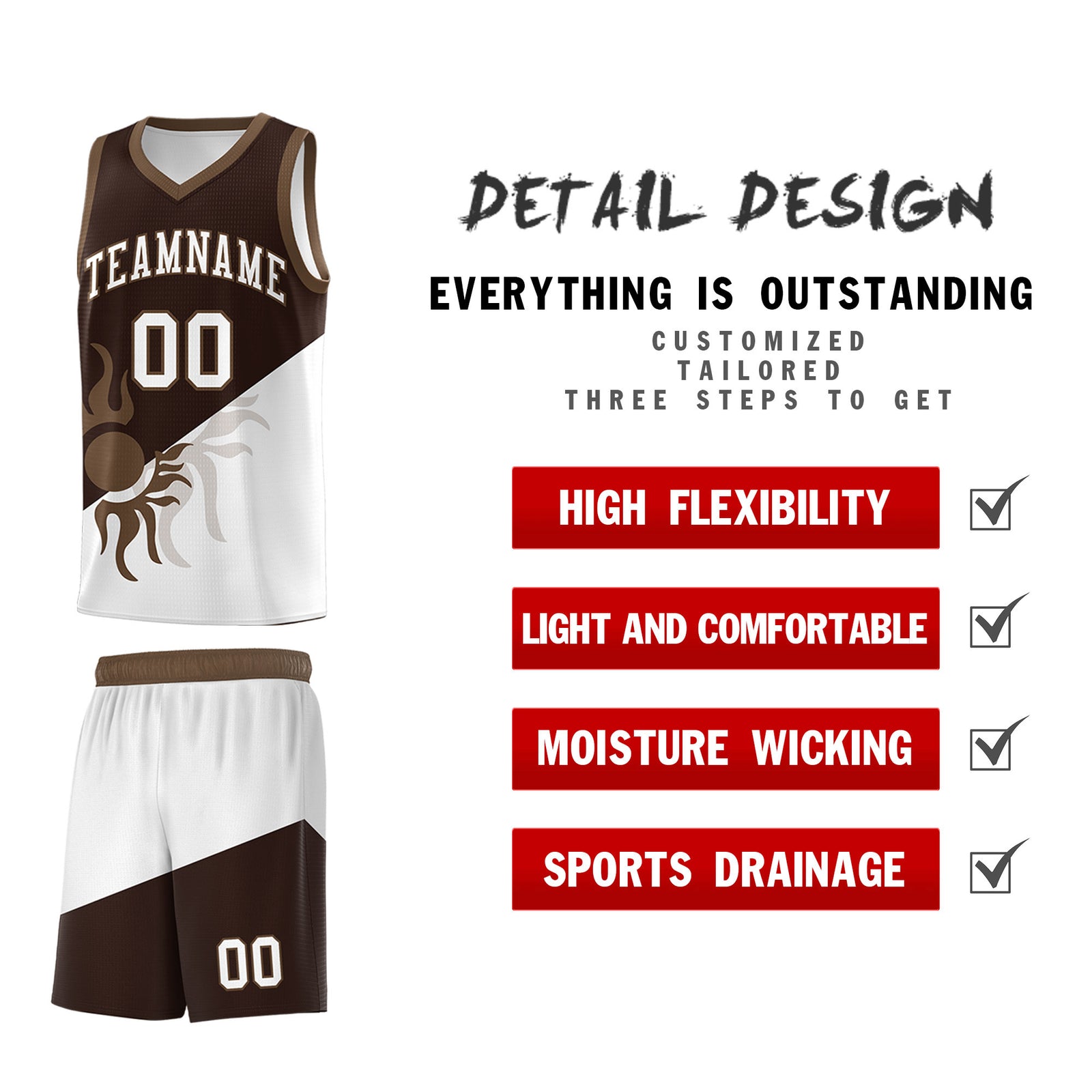 Custom Youth Basketball Jerseys - Brown White Sunburst Design Two Tone Uniforms