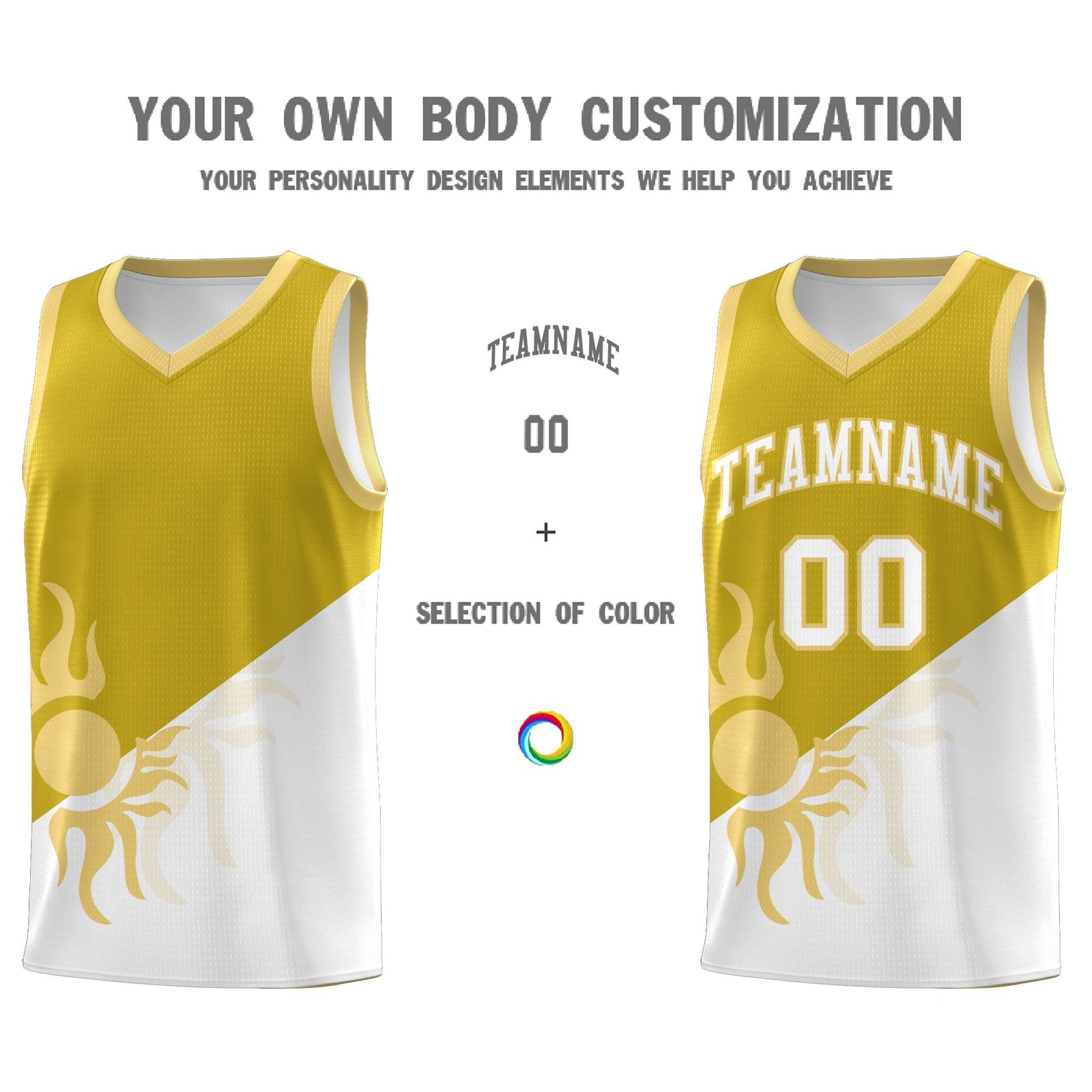 Custom Youth Basketball Jerseys - Old Gold White Radiant Sun Design Two Tone Uniforms