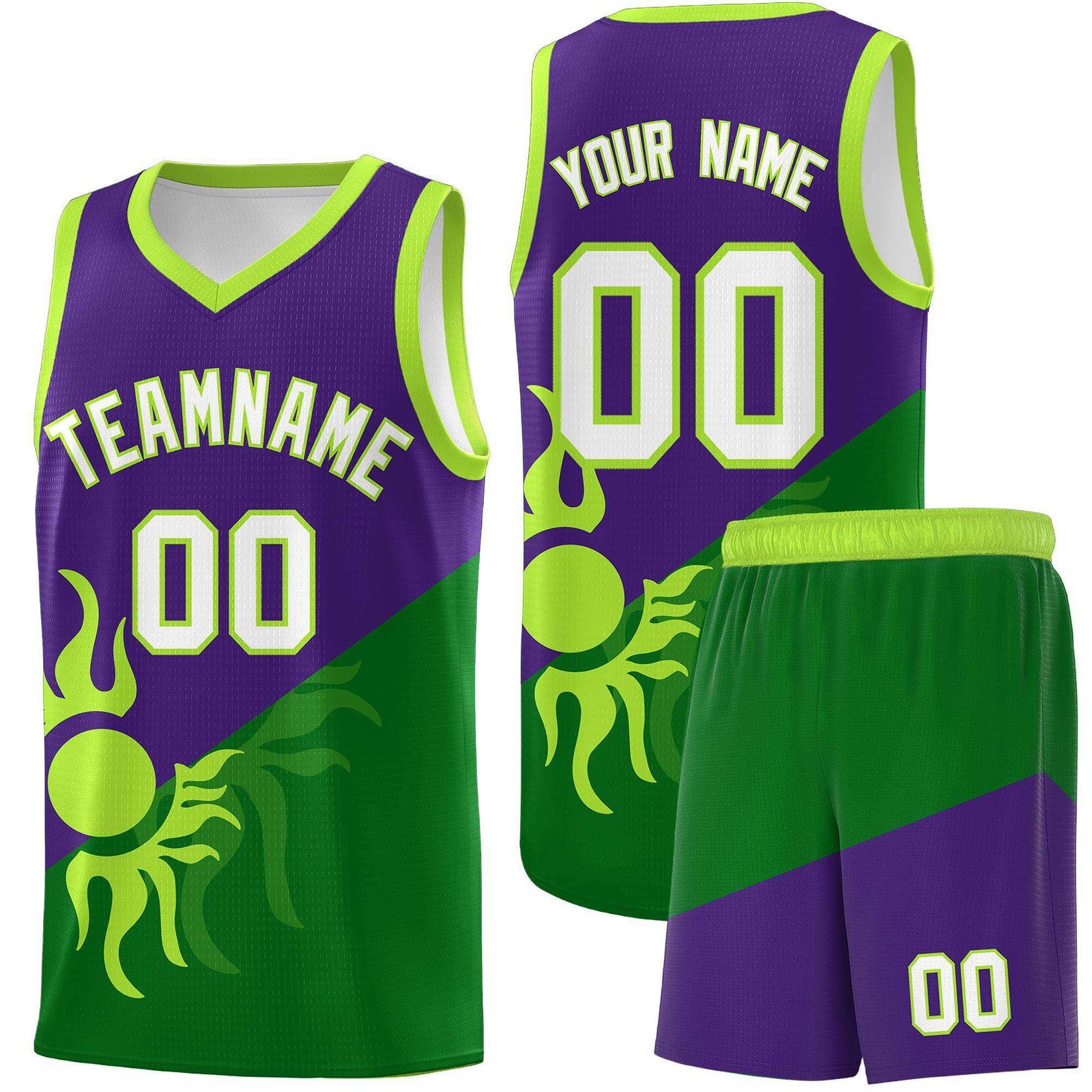 Custom Youth Basketball Jerseys - Purple Kelly Green Sunburst Design Two Tone Uniforms