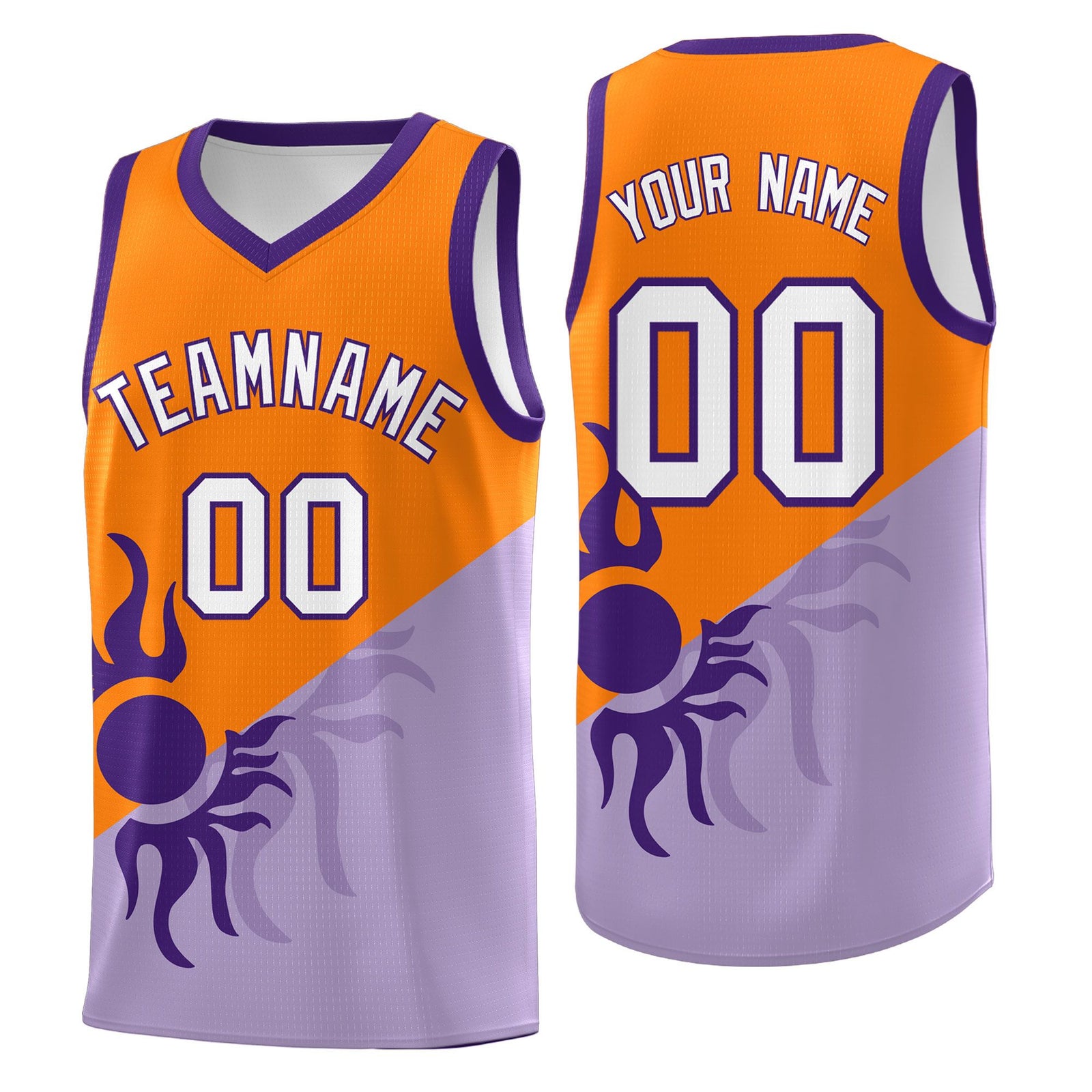 Custom Youth Basketball Jerseys - Light Purple Orange Radiant Sun Design Two Tone Uniforms