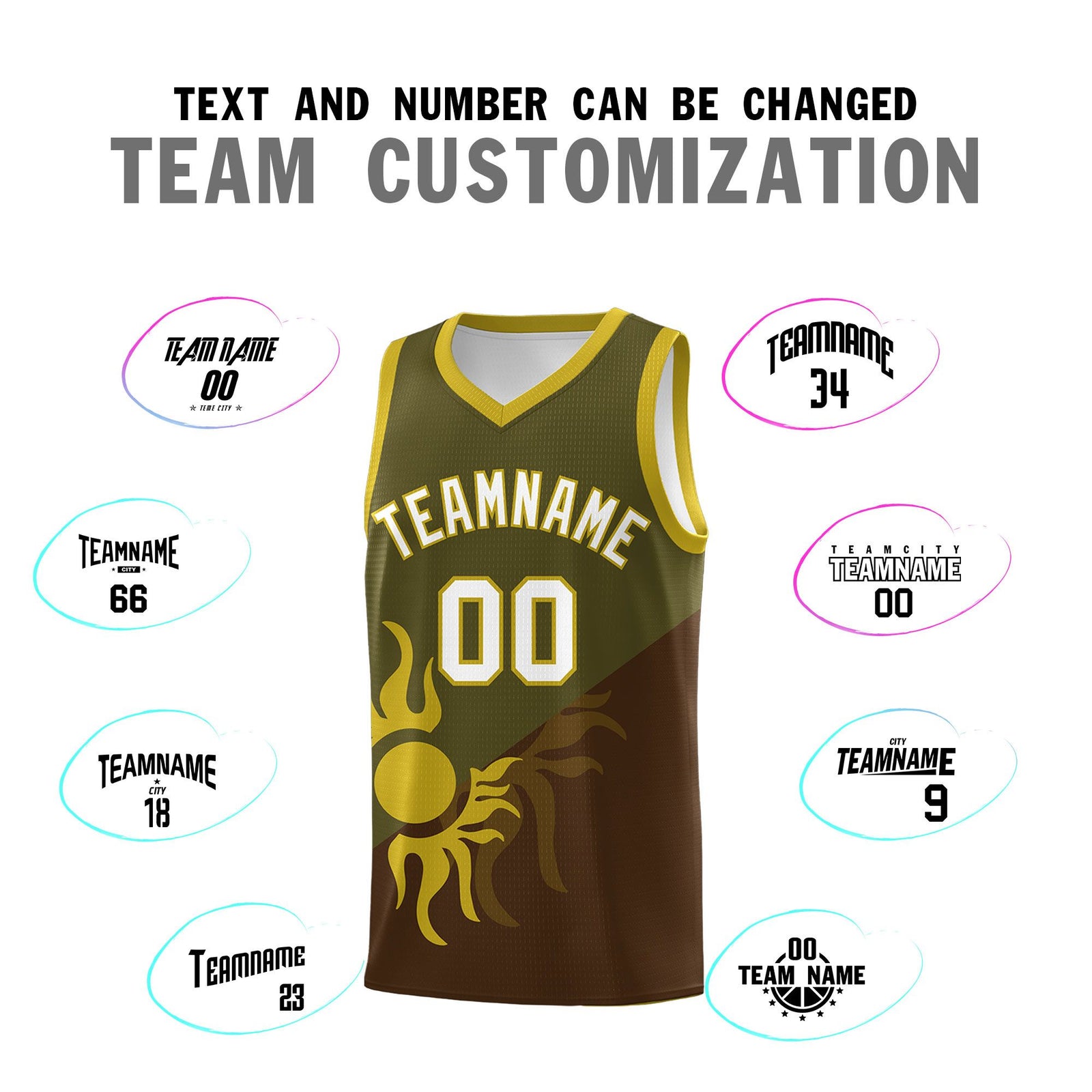 Custom Youth Basketball Jerseys - Brown Olive Radiant Sun Design Two Tone Uniforms