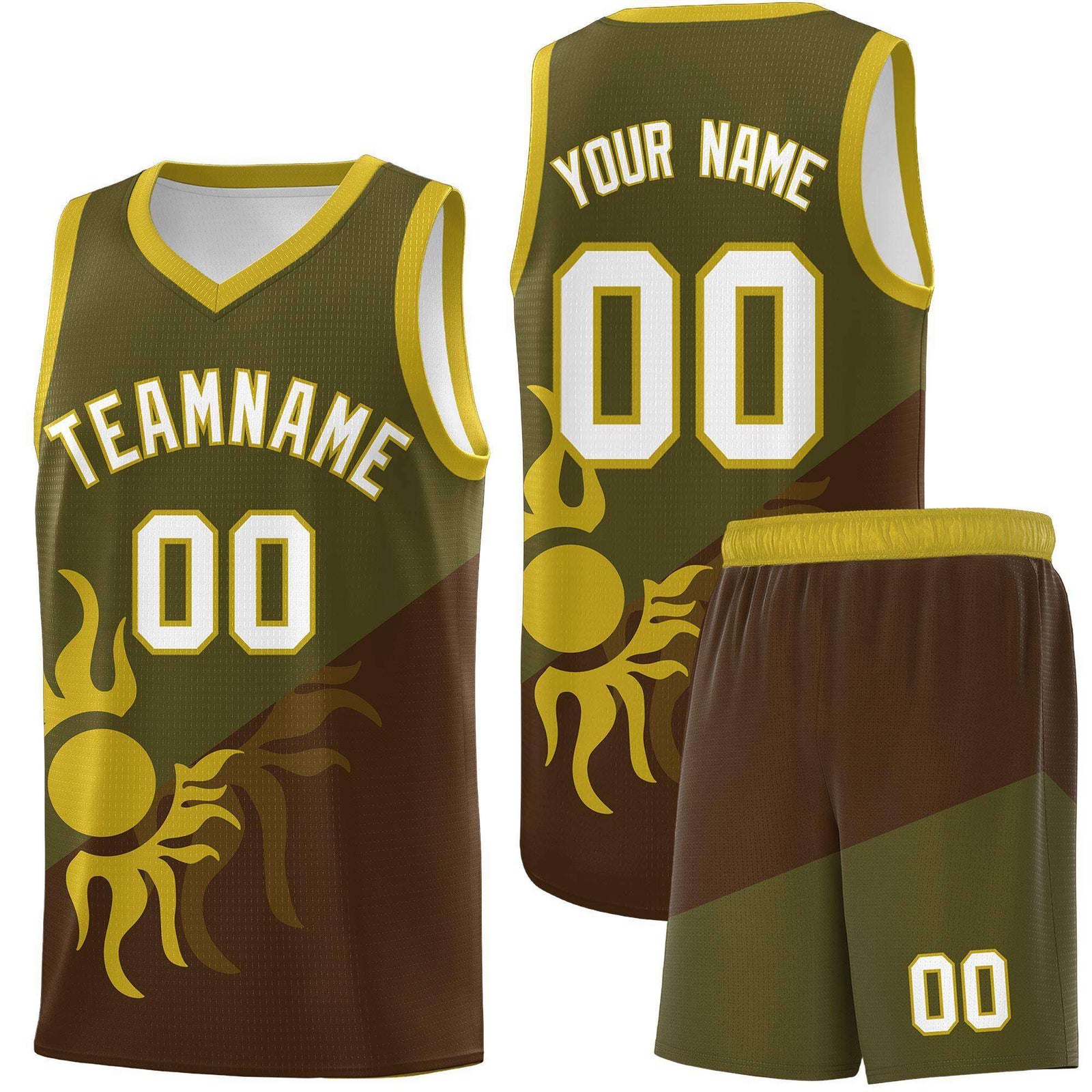 Custom Youth Basketball Jerseys - Brown Olive Radiant Sun Design Two Tone Uniforms