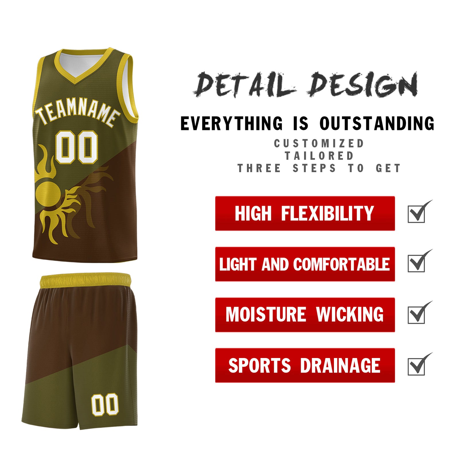 Custom Youth Basketball Jerseys - Brown Olive Radiant Sun Design Two Tone Uniforms