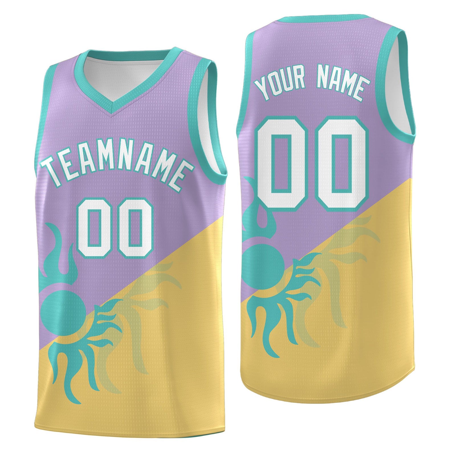 Custom Youth Basketball Jerseys - Light Purple Old Gold Radiant Sun Design Two Tone Uniforms