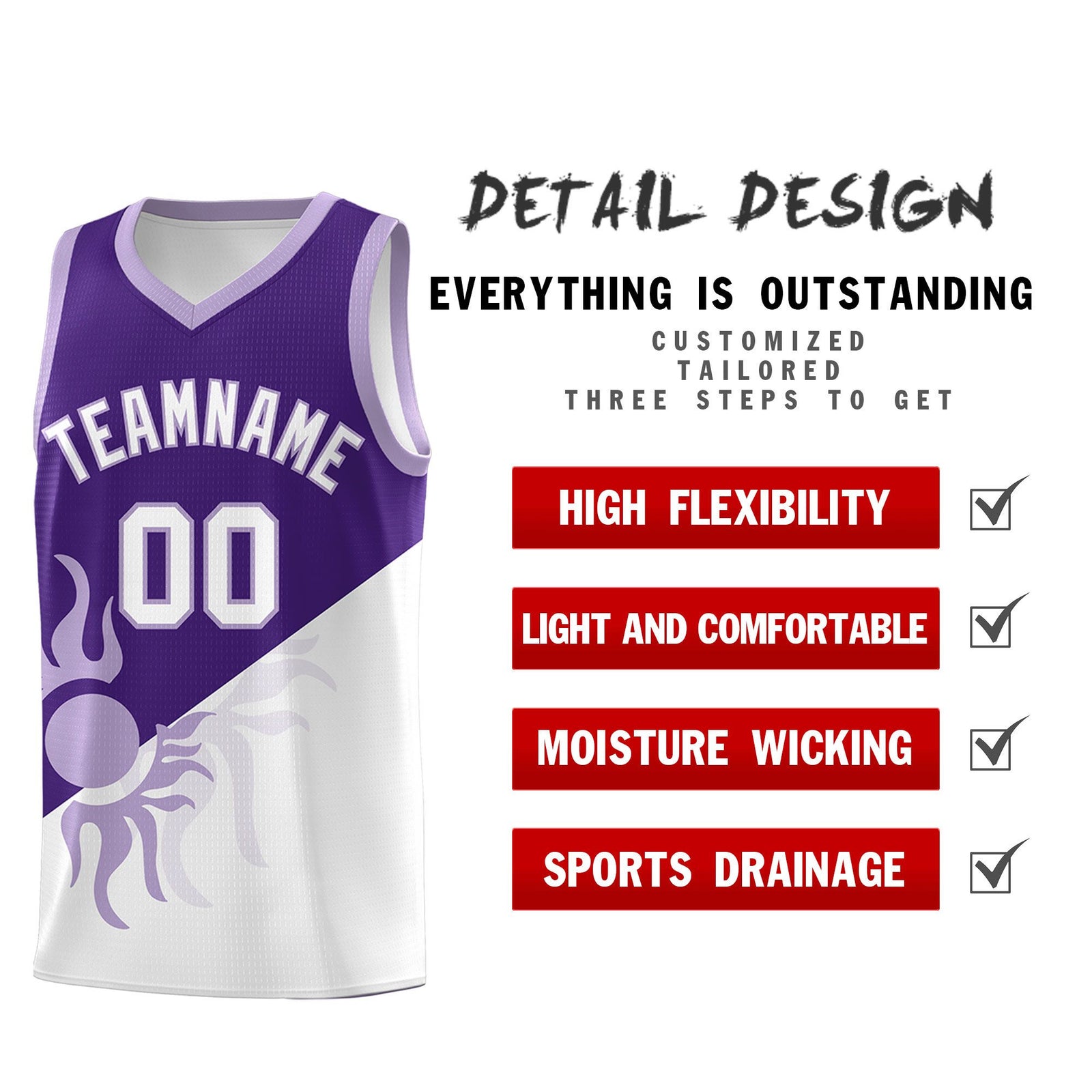Custom Youth Basketball Jerseys - Purple White Sunburst Design Two Tone Uniforms