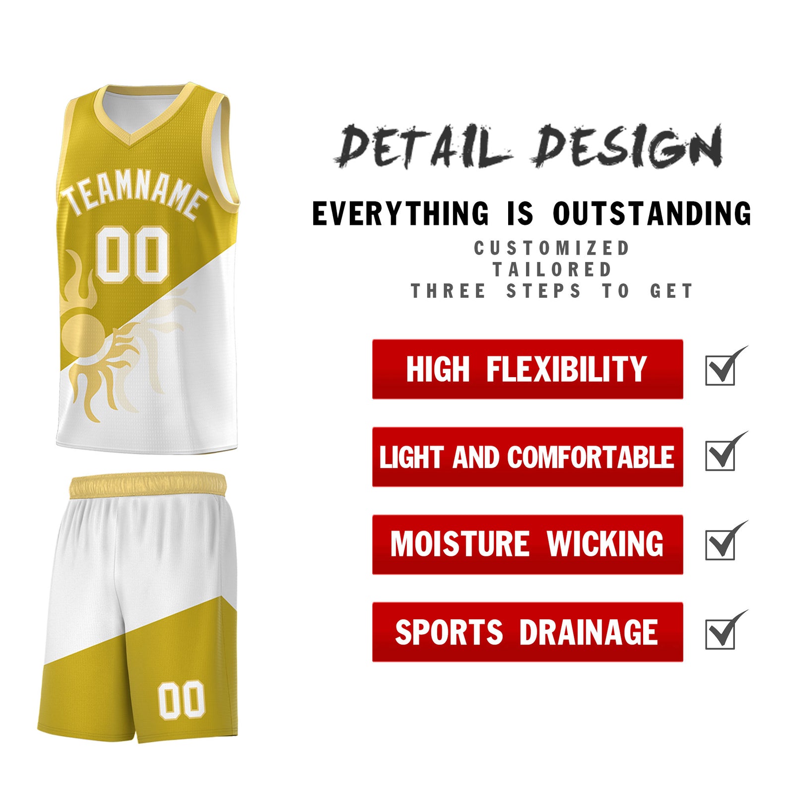 Custom Youth Basketball Jerseys - Old Gold White Radiant Sun Design Two Tone Uniforms