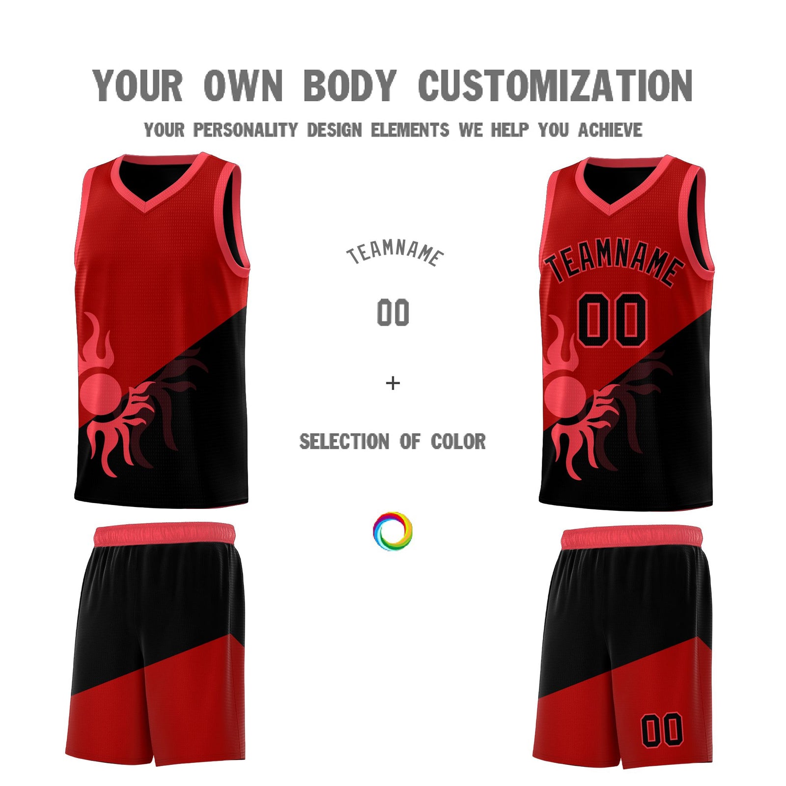 Custom Youth Basketball Jerseys - Red Black Sunburst Design Two Tone Uniforms
