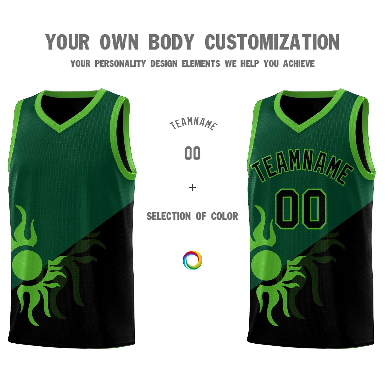 Custom Youth Basketball Jerseys - Kelly Green Black Radiant Sun Design Two Tone Uniforms
