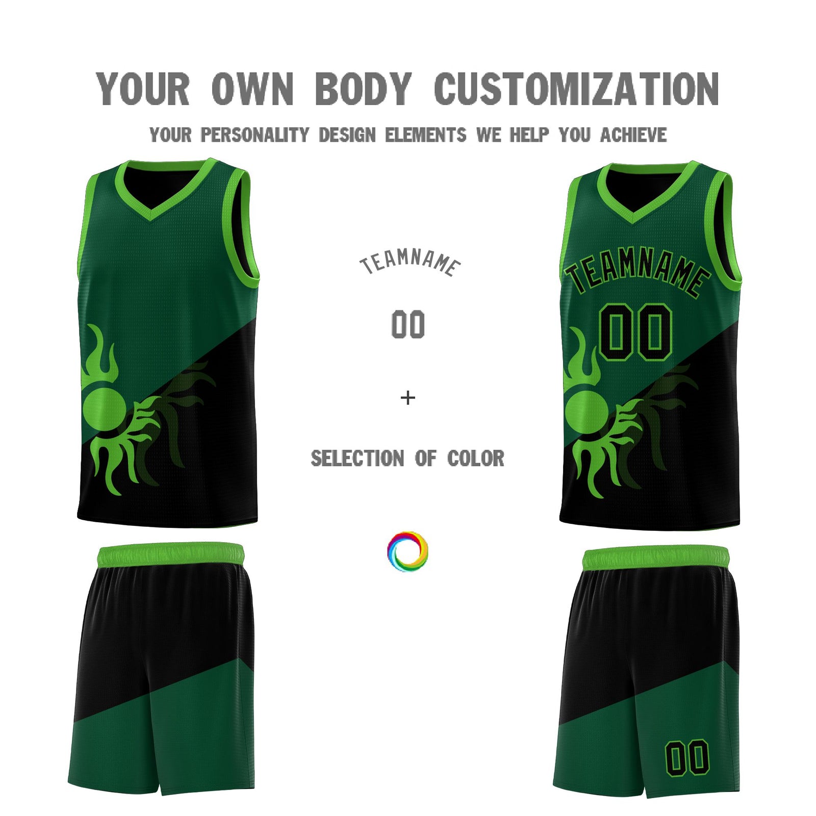 Custom Youth Basketball Jerseys - Kelly Green Black Radiant Sun Design Two Tone Uniforms