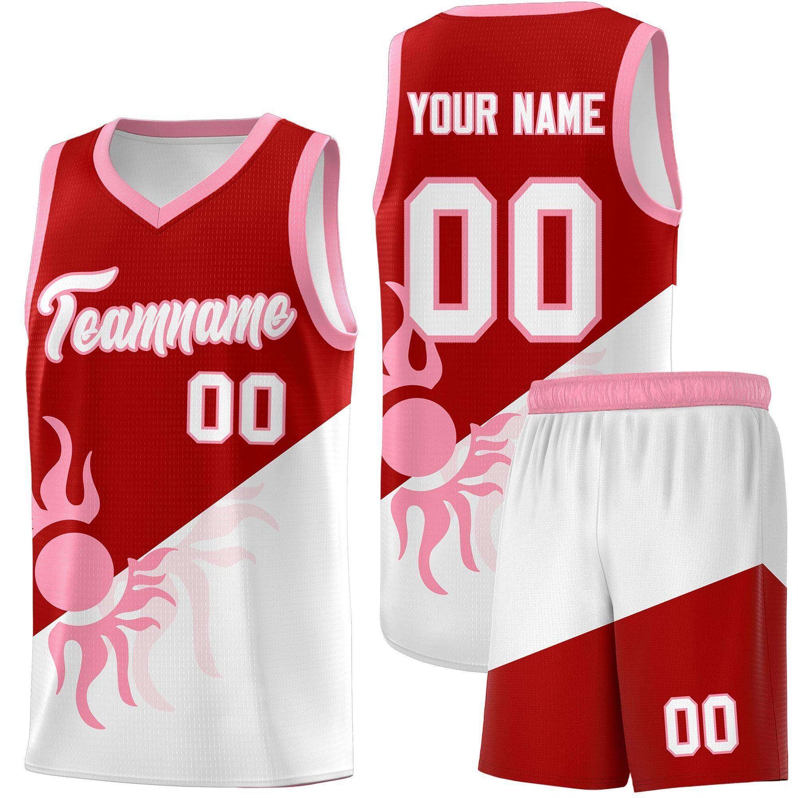 Custom Youth Basketball Jerseys - Red White Sunburst Design Two Tone Uniforms