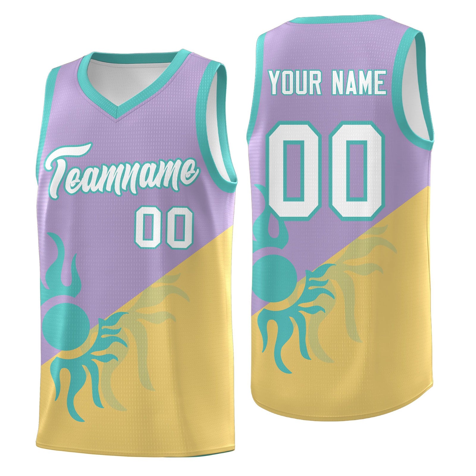 Custom Youth Basketball Jerseys - Light Purple Old Gold Radiant Sun Design Two Tone Uniforms